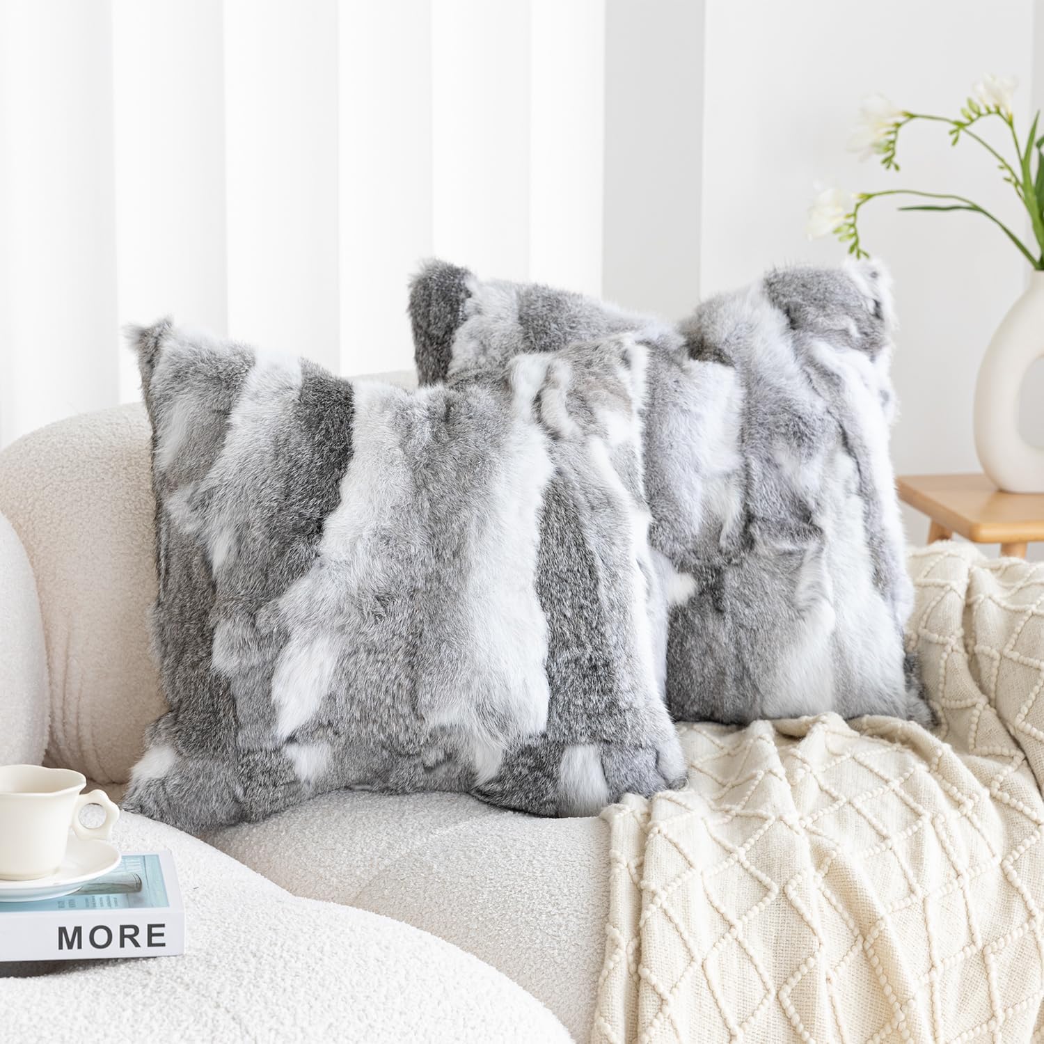 Genuine Rabbit Fur Throw Pillow Covers Set of 2, Luxury Decorative Pillowcases Soft Fluffy Animal Skin Accents Square Cushion Cover for Couch Sofa Bedroom Living Room Home,18x18 inch, Yellow White