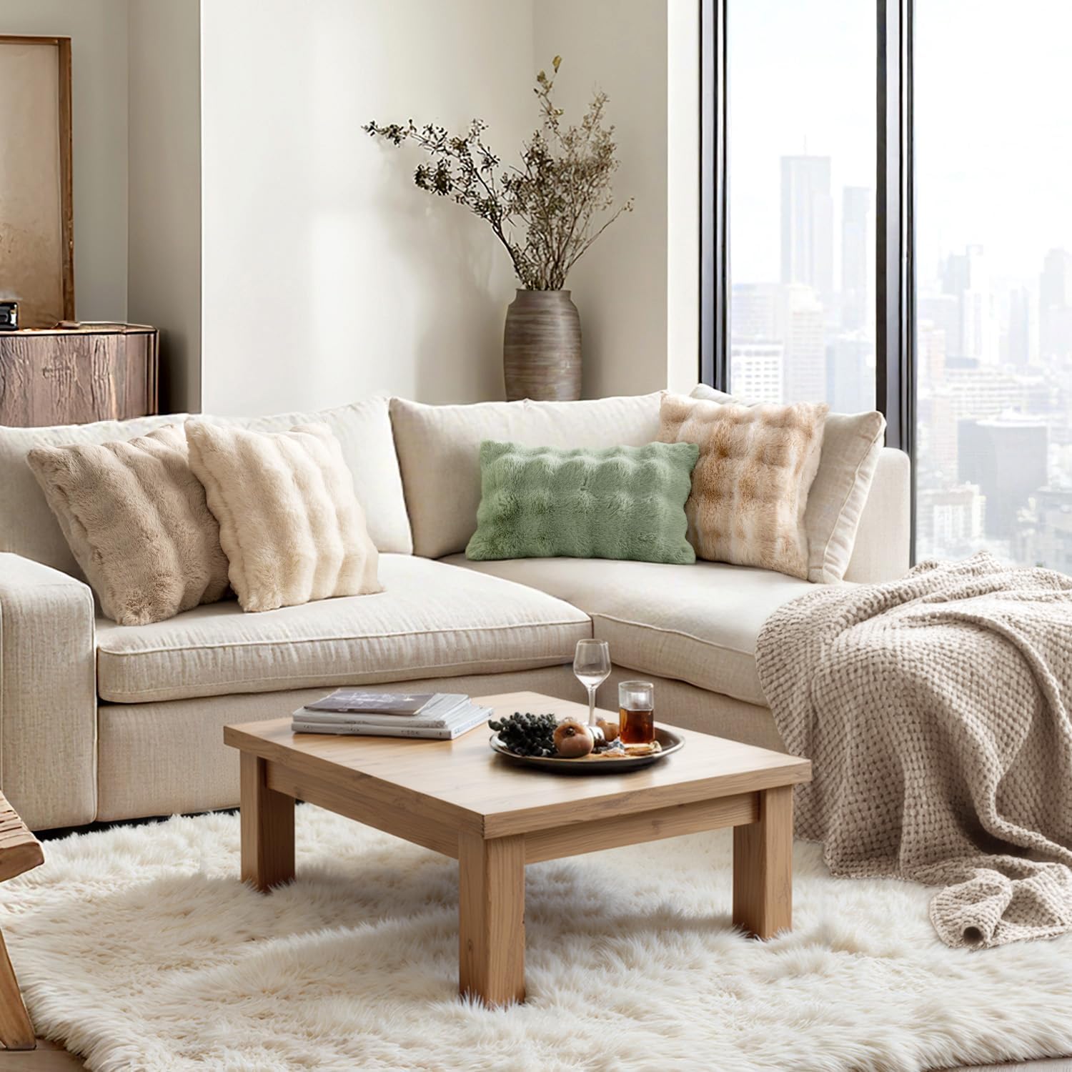 MIULEE Faux Fur Pillow Covers Thick Soft Plush Throw Pillows Luxury Spring Home Decor for Couch Bed Bedroom Living Room Sofa,20x20 Inch Pack of 2 Khaki