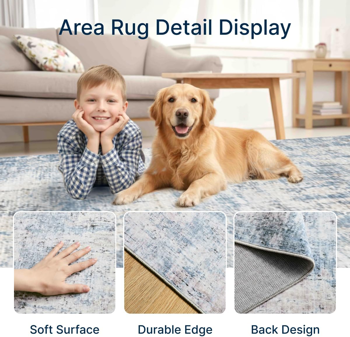 8x10 Area Rug Living Room Rugs - Washable Rug Large Modern Abstract Soft Thin Carpets Indoor Floor No Slip Vintage Carpet for Bedroom Under Dining Table Nursery Home Office Decor Blue