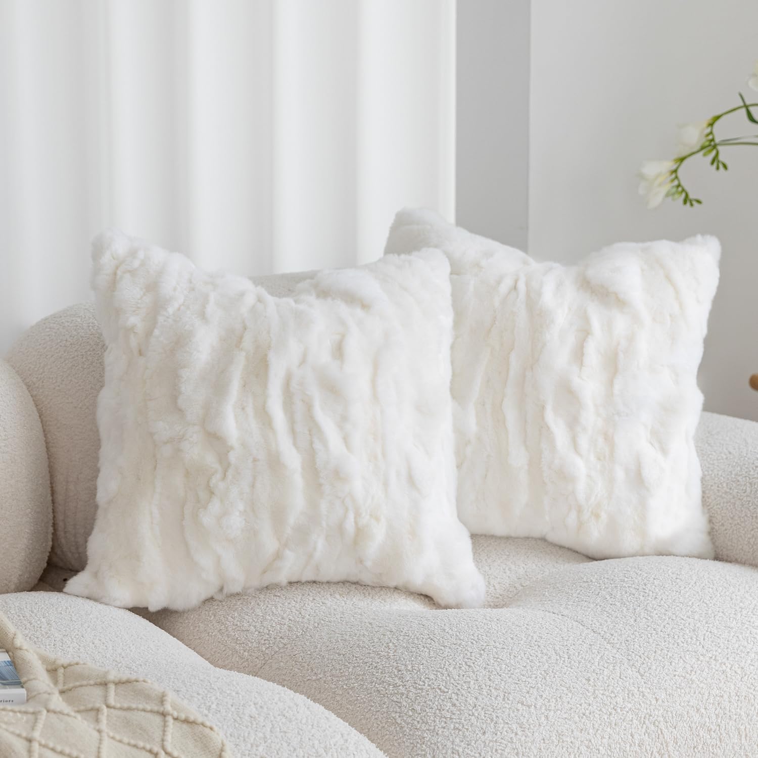 Genuine Rabbit Fur Throw Pillow Covers Set of 2, Luxury Decorative Pillowcases Soft Fluffy Animal Skin Accents Square Cushion Cover for Couch Sofa Bedroom Living Room Home,18x18 inch, Yellow White