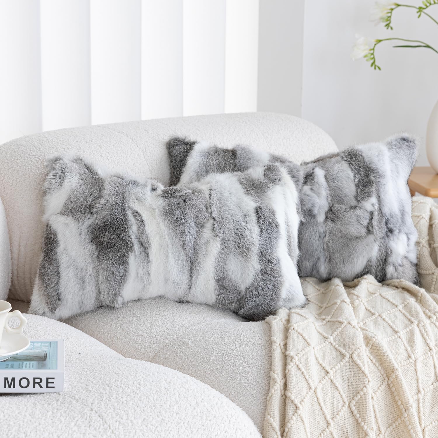 Genuine Rabbit Fur Throw Pillow Covers Set of 2, Luxury Decorative Pillowcases Soft Fluffy Animal Skin Accents Square Cushion Cover for Couch Sofa Bedroom Living Room Home,18x18 inch, Yellow White