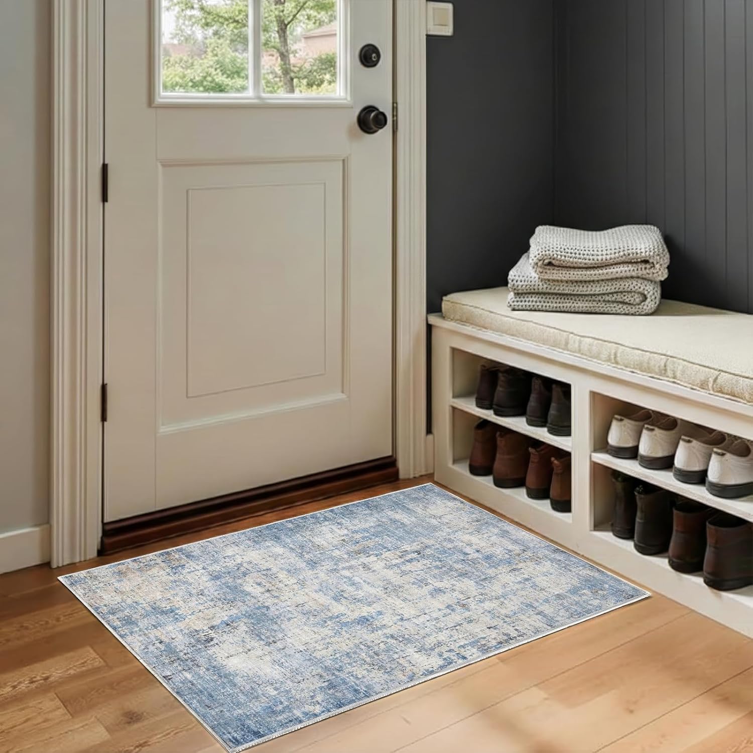 8x10 Area Rug Living Room Rugs - Washable Rug Large Modern Abstract Soft Thin Carpets Indoor Floor No Slip Vintage Carpet for Bedroom Under Dining Table Nursery Home Office Decor Blue