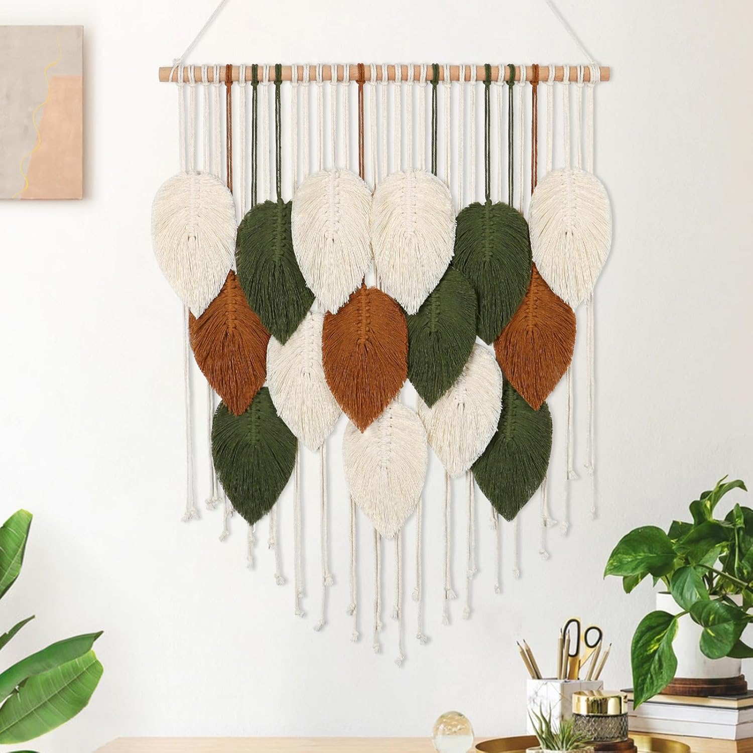 KHOYIME Large Macrame Wall Hanging Boho Woven Tapestry, Chic Home Decor Modern Bohemian Handmade Leaf Feather Wall Art Decorations for Apartment Dorm Living Room Bedroom Nursery Backdrop 39"W X 29.5"L