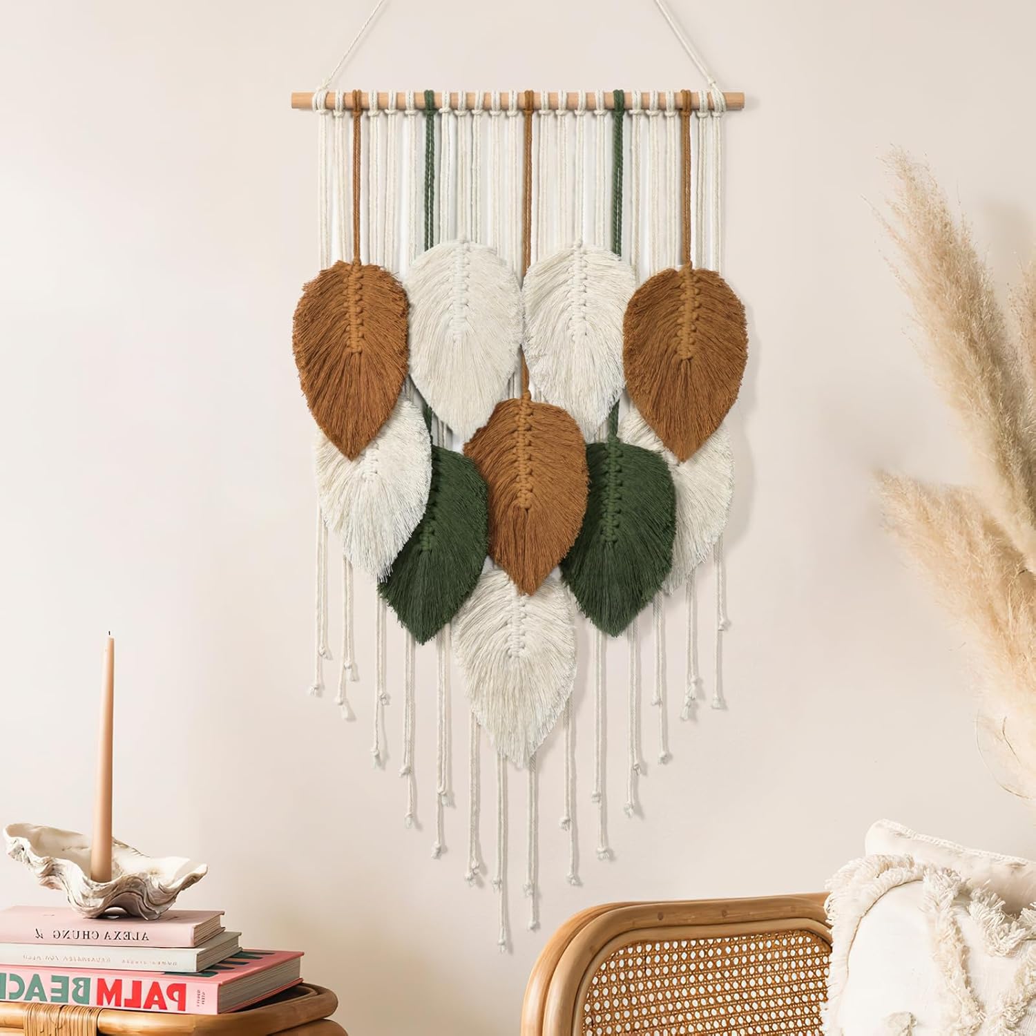 KHOYIME Large Macrame Wall Hanging Boho Woven Tapestry, Chic Home Decor Modern Bohemian Handmade Leaf Feather Wall Art Decorations for Apartment Dorm Living Room Bedroom Nursery Backdrop 39"W X 29.5"L