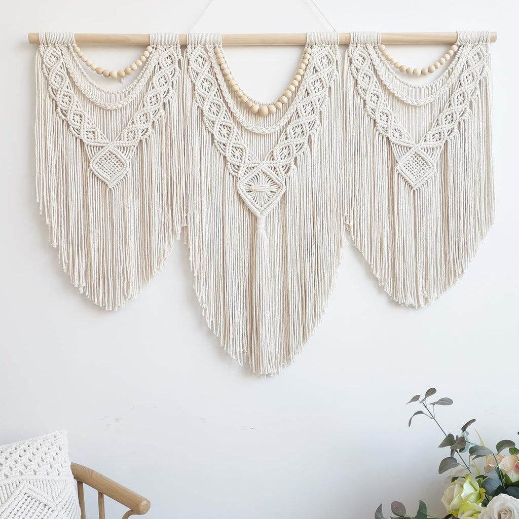 guzhiou large macrame wall hanging - Boho Tapestry Macrame Wall Decor Art- Chic Bohemian Handmade Woven Tapestry Home Decoration for Bedroom Living Room Apartment Wedding Party - 43"x32" (Wood bead)