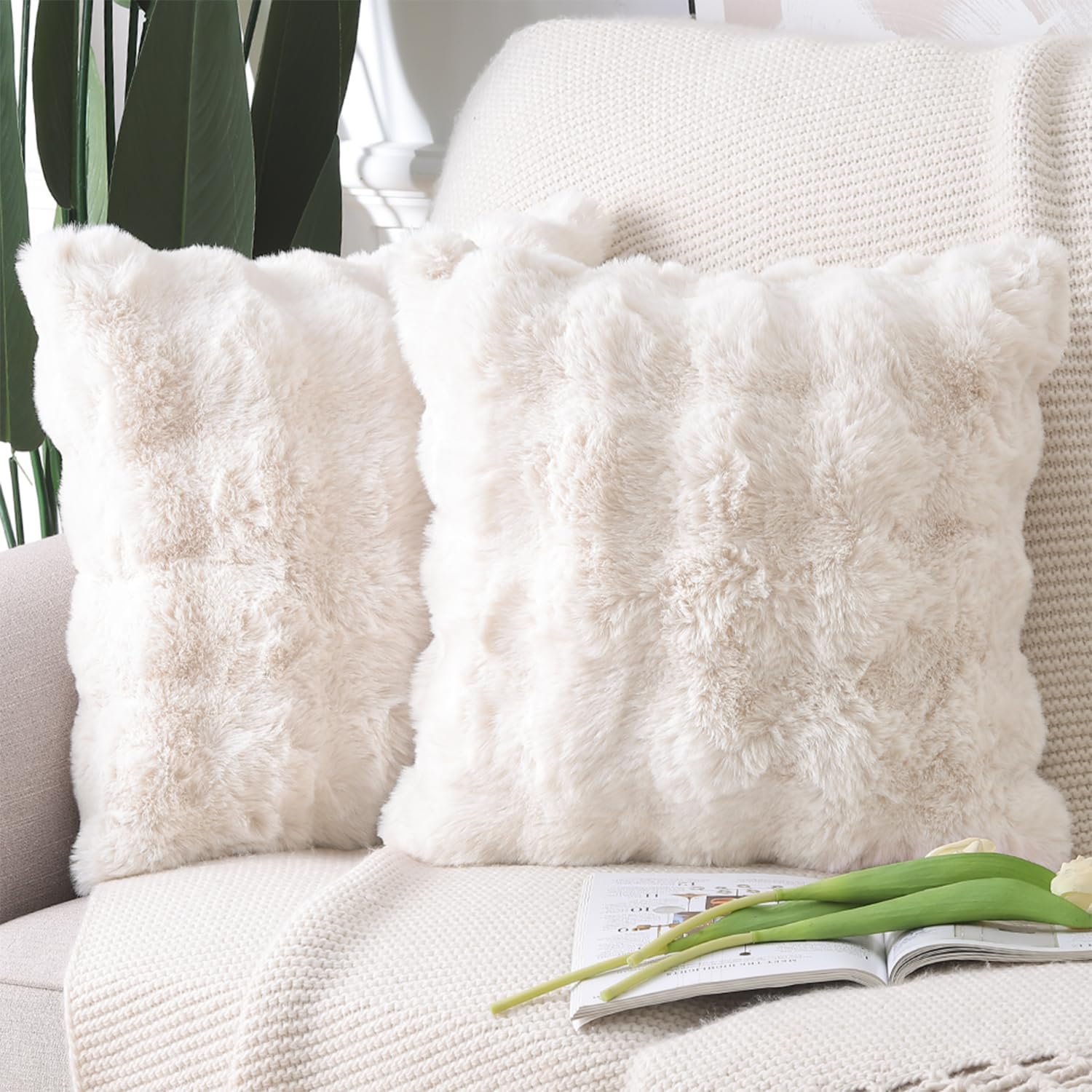 MADIZZ Pack of 2 Thick Plush Wool Throw Pillow Covers 18x18 Inch White Taupe Soft Neutral Decorative Throw Pillows Accent Boho Cushion Covers for Couch Sofa Bedroom Pillow Shell