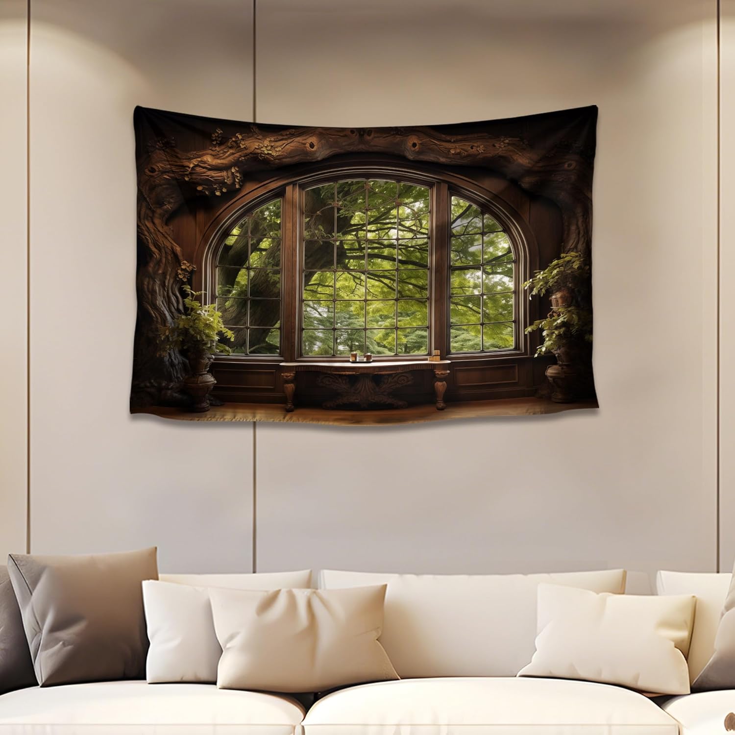 QGHOT Forest Window Tapestry, Nature Outdoor Tapestry Wall Hanging Woodland Scene Large Wall Mural for Bedroom Living Room Office Decor 78.7" L x 104" W