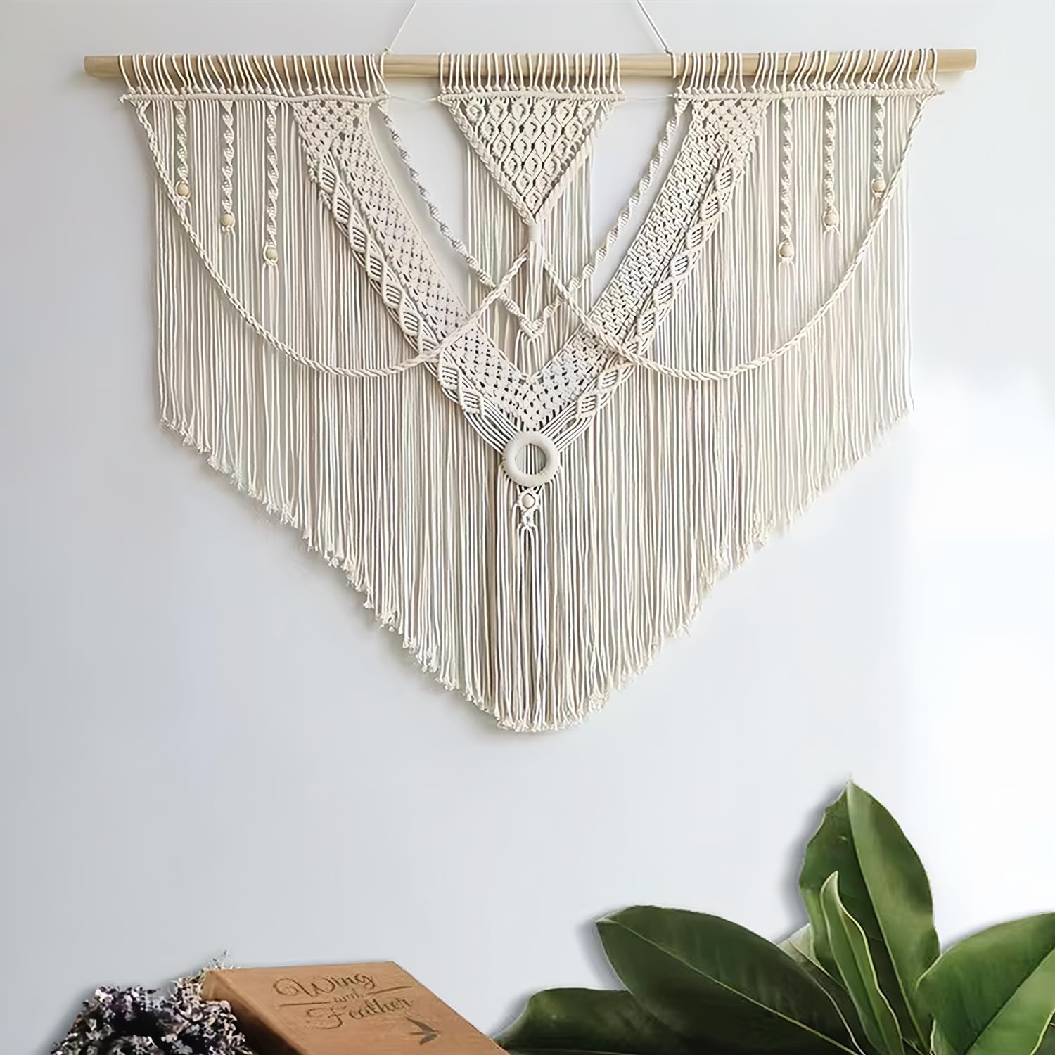 guzhiou large macrame wall hanging - Boho Tapestry Macrame Wall Decor Art- Chic Bohemian Handmade Woven Tapestry Home Decoration for Bedroom Living Room Apartment Wedding Party - 43"x32" (Wood bead)