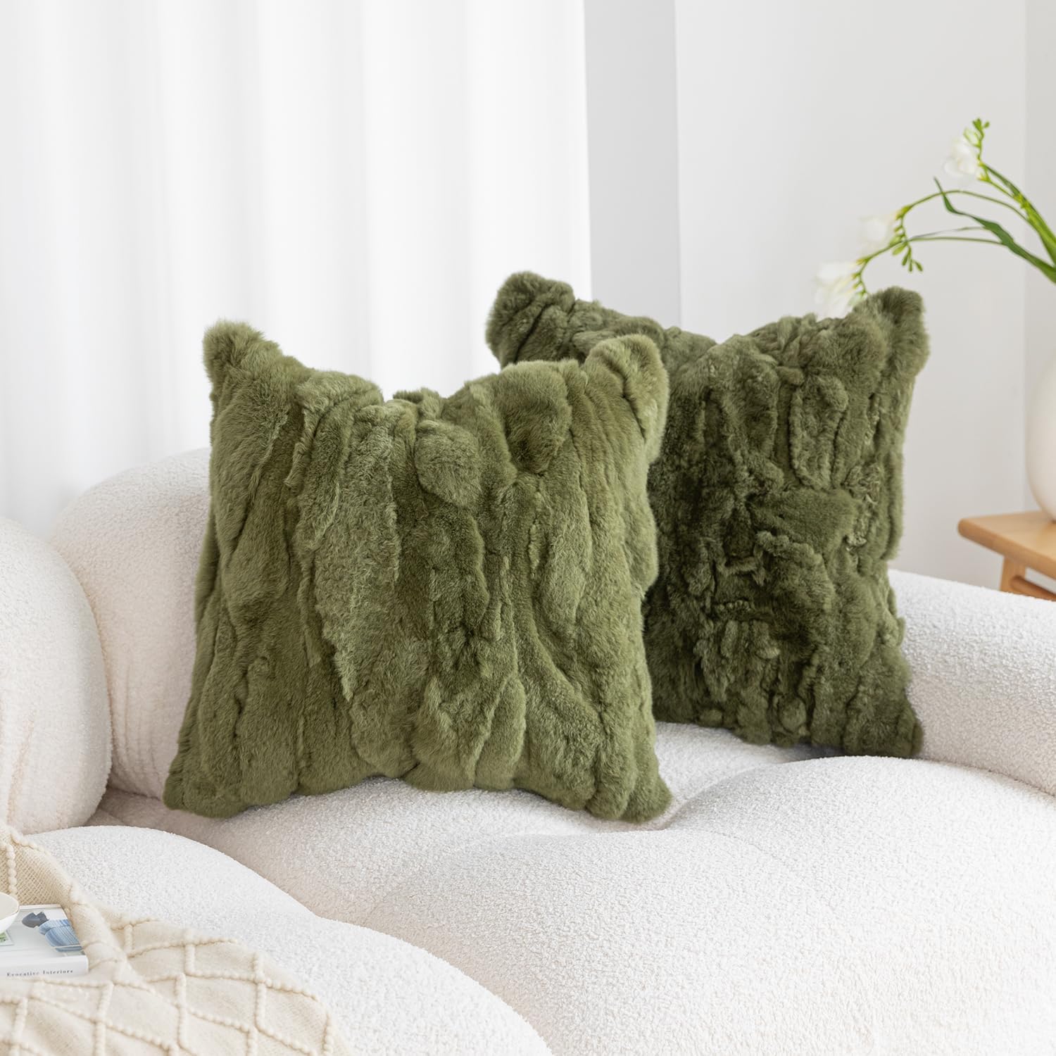 Genuine Rabbit Fur Throw Pillow Covers Set of 2, Luxury Decorative Pillowcases Soft Fluffy Animal Skin Accents Square Cushion Cover for Couch Sofa Bedroom Living Room Home,18x18 inch, Yellow White