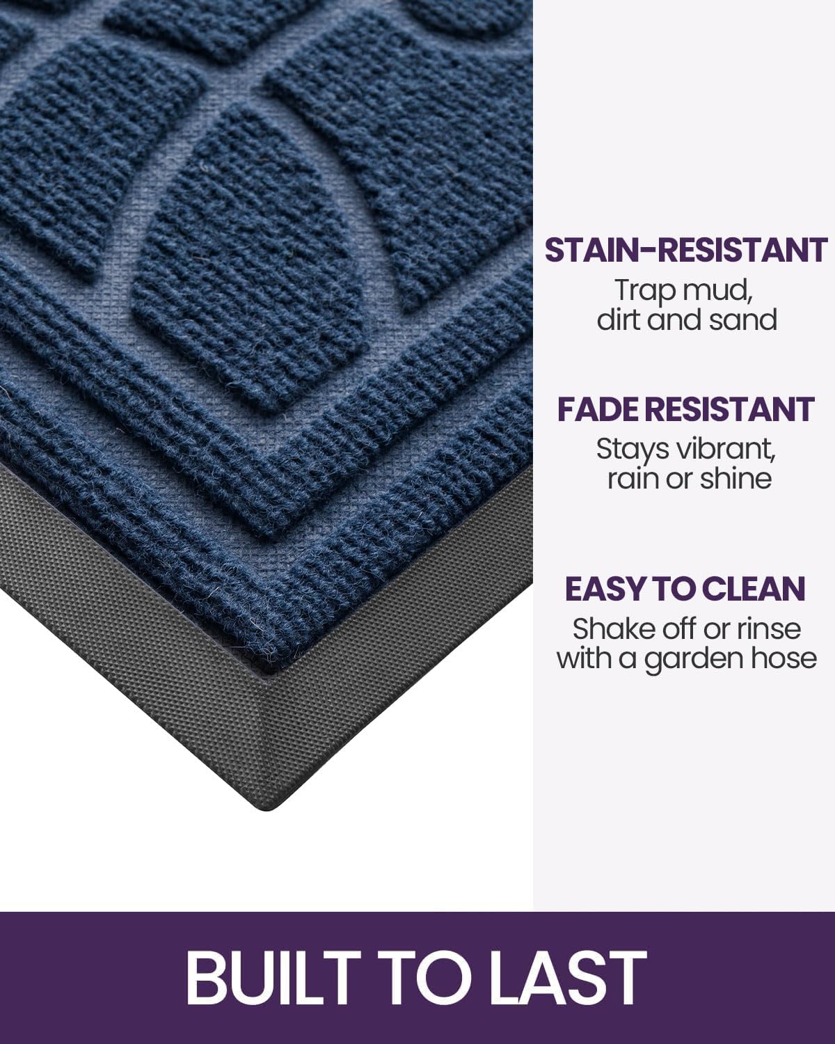 DEXI Front Door Mat Outside Entrance, Heavy Duty Non Slip Low Profile Doormat for Entryway, Trap Dirt and Moisture Welcome Mats, Easy Clean, Patio, Garage, 3x2, Blue