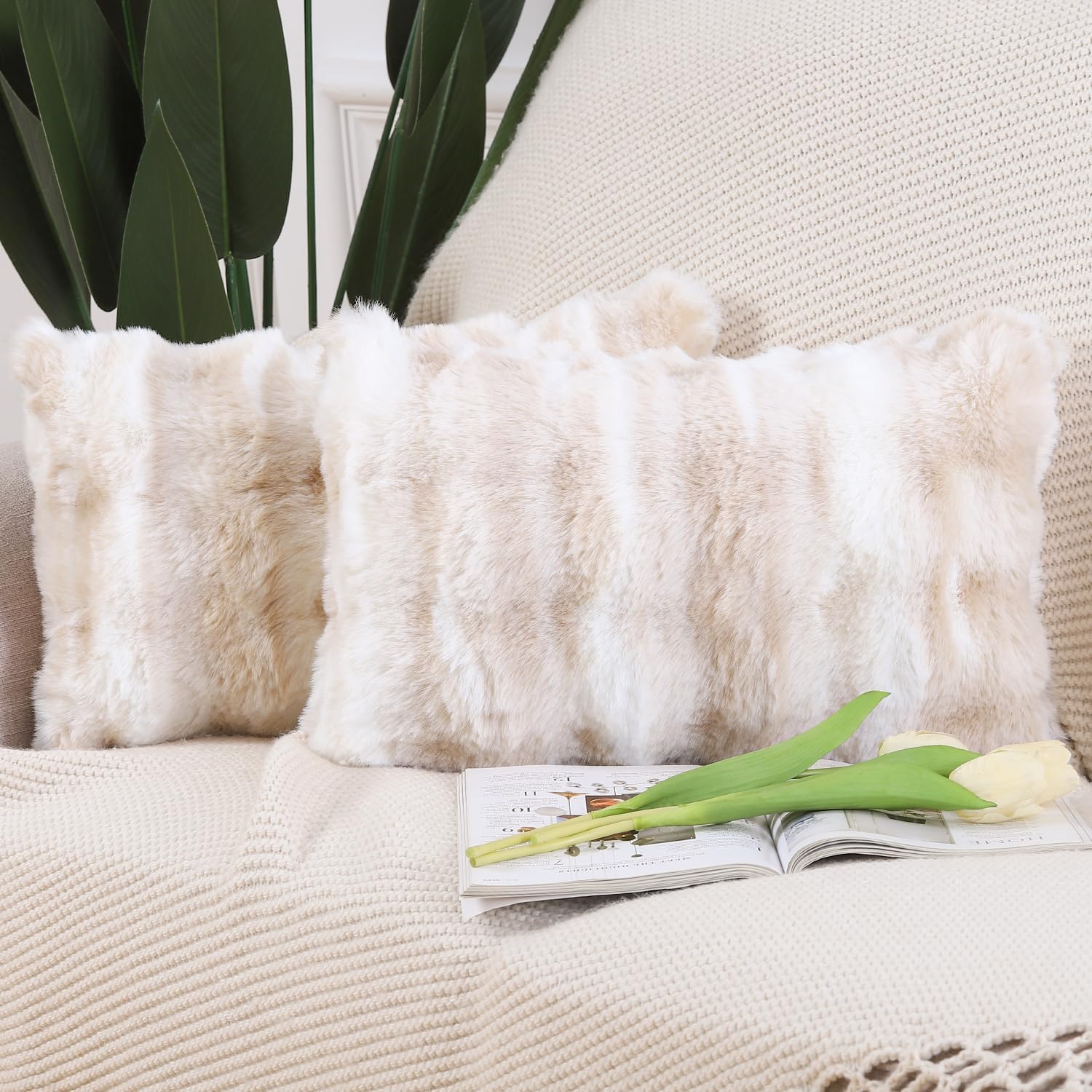 MADIZZ Pack of 2 Thick Plush Wool Throw Pillow Covers 18x18 Inch White Taupe Soft Neutral Decorative Throw Pillows Accent Boho Cushion Covers for Couch Sofa Bedroom Pillow Shell