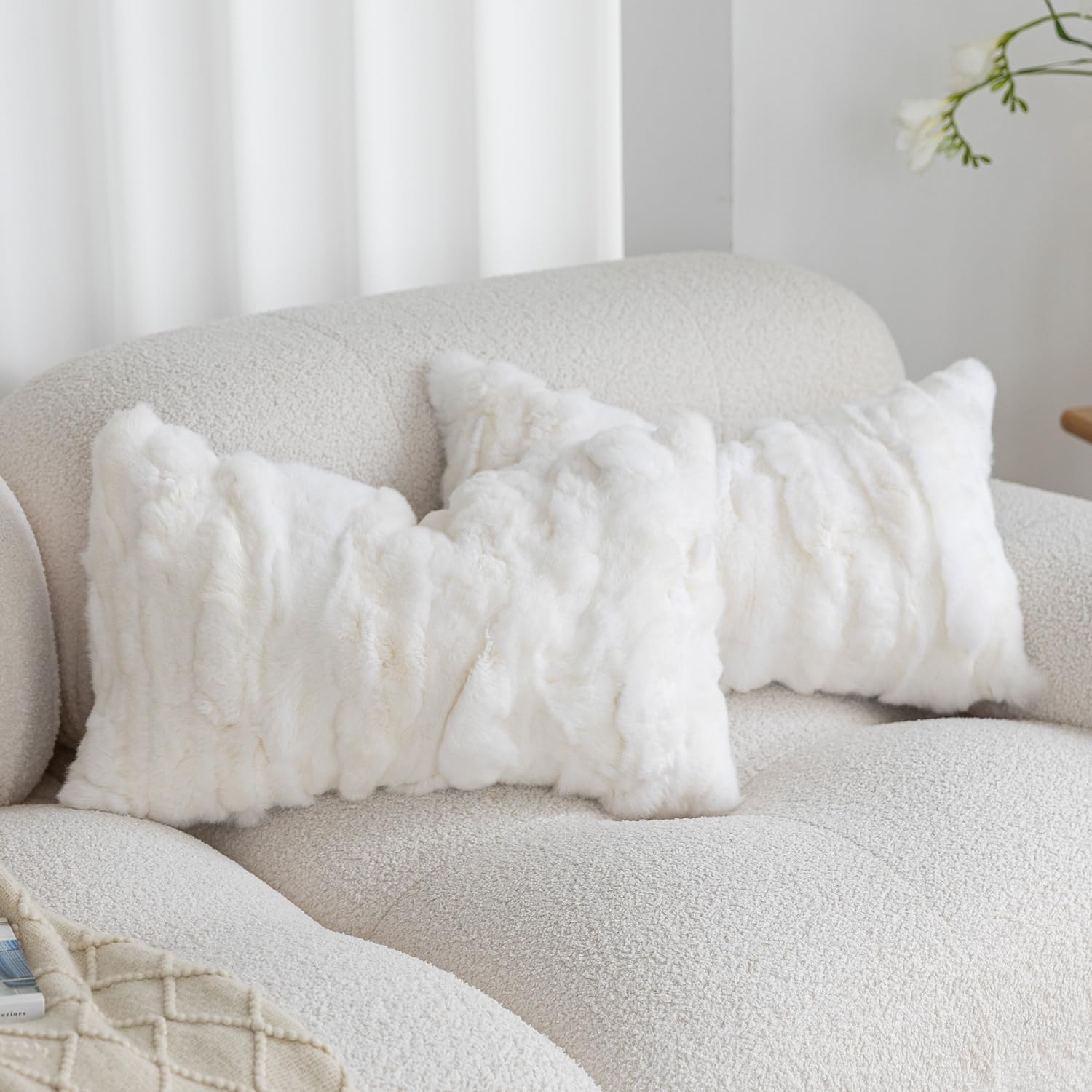 Genuine Rabbit Fur Throw Pillow Covers Set of 2, Luxury Decorative Pillowcases Soft Fluffy Animal Skin Accents Square Cushion Cover for Couch Sofa Bedroom Living Room Home,18x18 inch, Yellow White