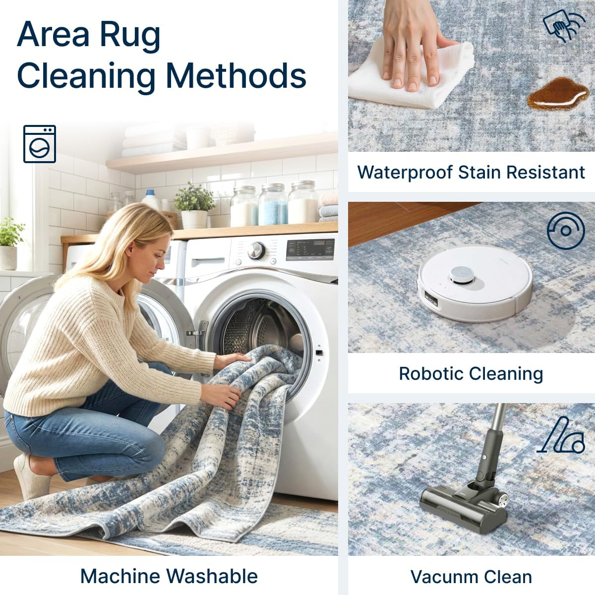 8x10 Area Rug Living Room Rugs - Washable Rug Large Modern Abstract Soft Thin Carpets Indoor Floor No Slip Vintage Carpet for Bedroom Under Dining Table Nursery Home Office Decor Blue