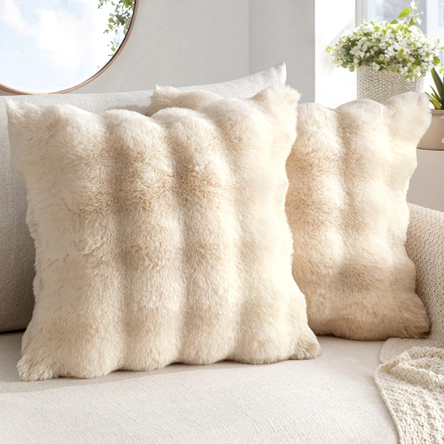 MIULEE Faux Fur Pillow Covers Thick Soft Plush Throw Pillows Luxury Spring Home Decor for Couch Bed Bedroom Living Room Sofa,20x20 Inch Pack of 2 Khaki