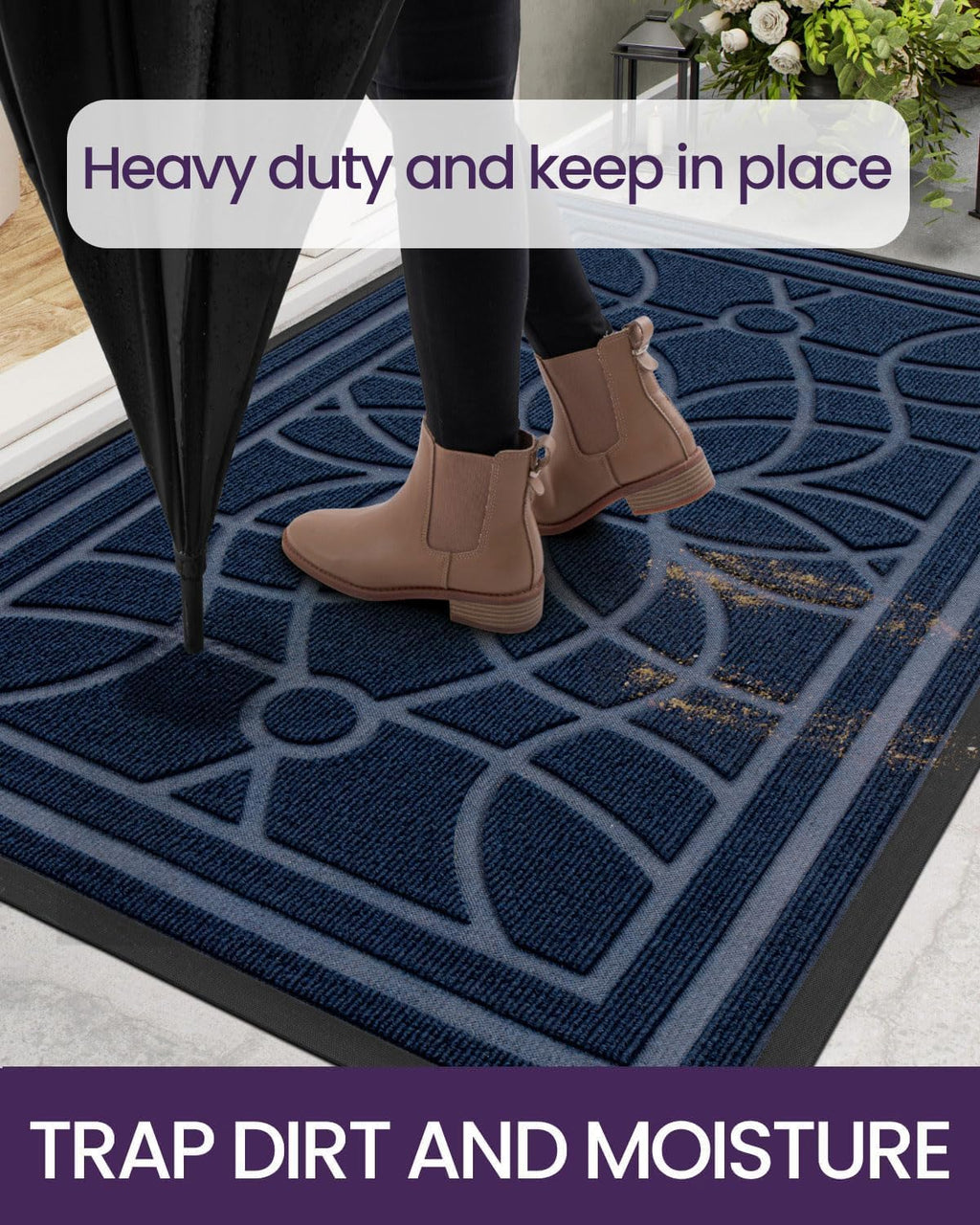DEXI Front Door Mat Outside Entrance, Heavy Duty Non Slip Low Profile Doormat for Entryway, Trap Dirt and Moisture Welcome Mats, Easy Clean, Patio, Garage, 3x2, Blue