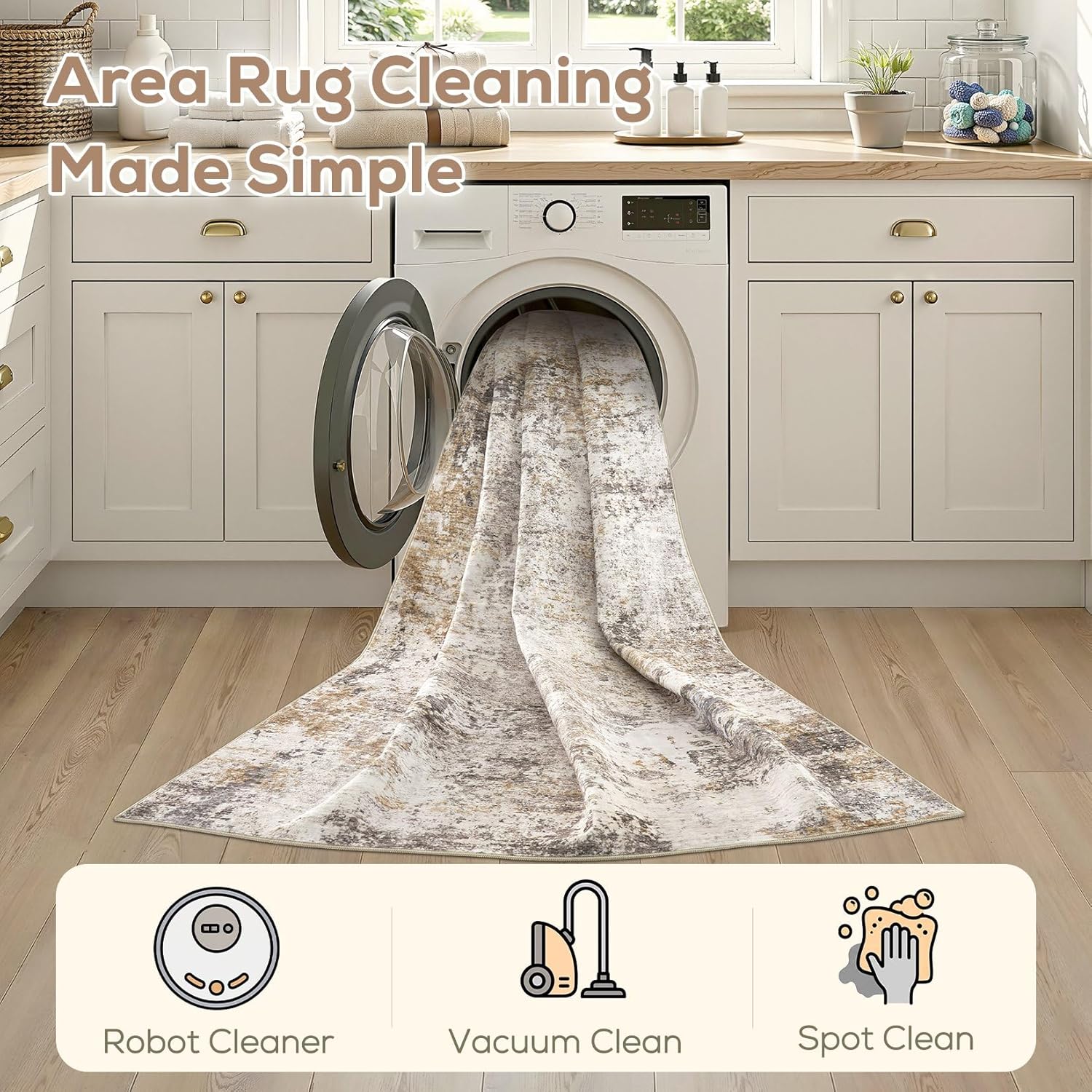 Nakagishi 8X10 Area Rugs for Living Room: Washable Modern Abstract Rug with Non-Slip Silicone Backing Low Pile Soft Carpet for Bedroom & Dining Decor Ideal for Families with Kids and Pets-Brown