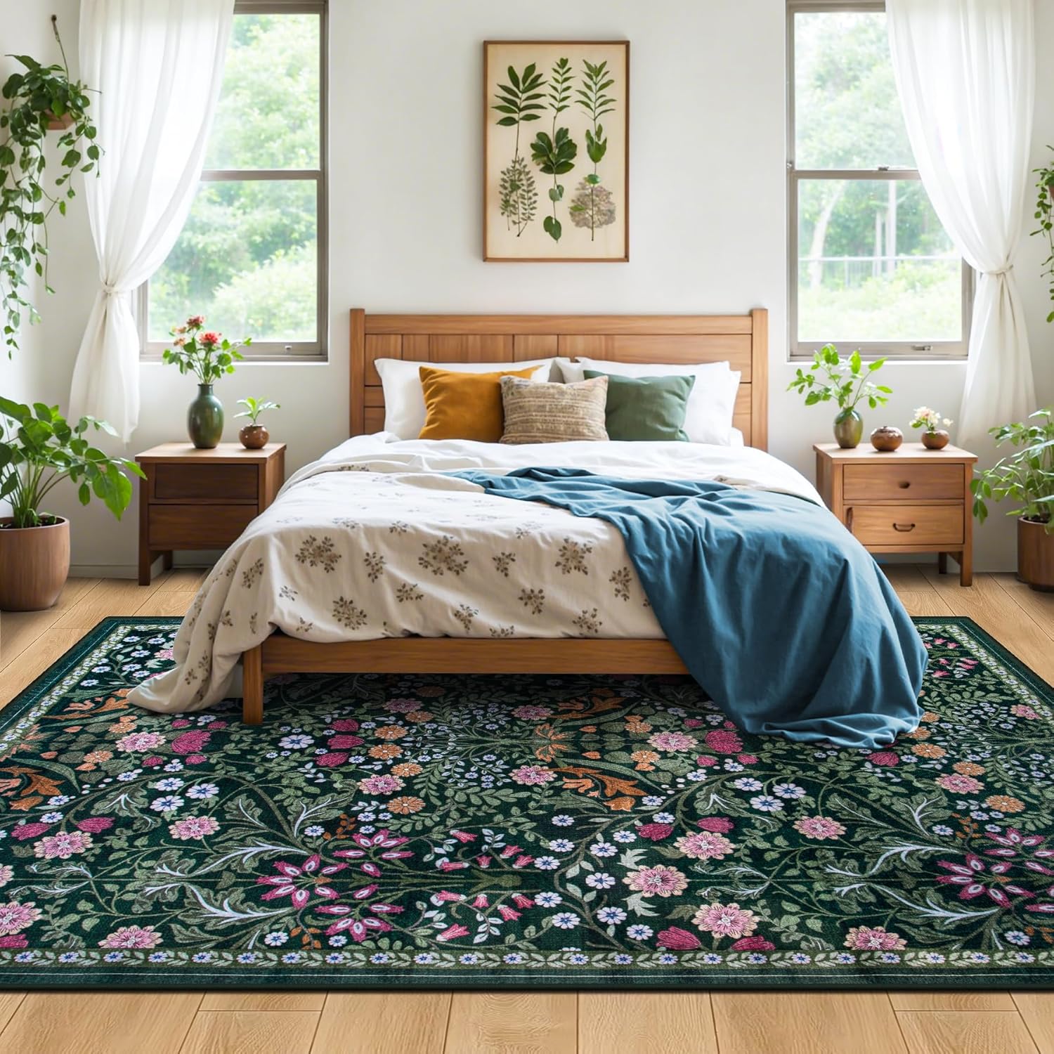 8x10 Area Rugs for Living Room: Floral Washable Rug Vintage Large Soft Boho Non-Slip Carpet Indoor Floor Stain Resistant Carpets for Bedroom Dining Room Farmhouse Nursery Home Office Dark Green
