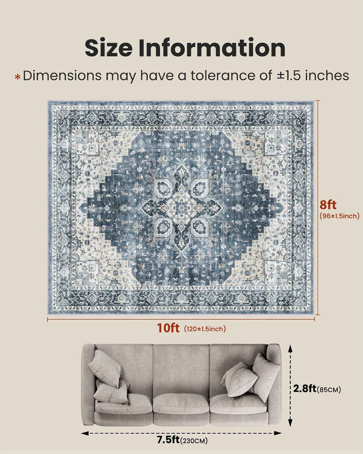 AMADA HOMEFURNISHING 8x10 Washable Area Rug, Low-Profile Large Area Rug with Non-Slip Backing & Durable Edge Binding, Vintage Large Rugs for Living Room, Bedroom, Dining Room