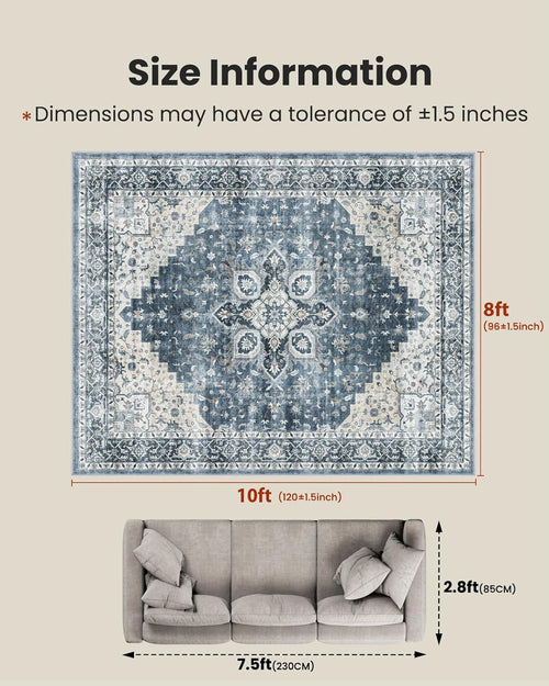 AMADA HOMEFURNISHING 8x10 Washable Area Rug, Low-Profile Large Area Rug with Non-Slip Backing & Durable Edge Binding, Vintage Large Rugs for Living Room, Bedroom, Dining Room