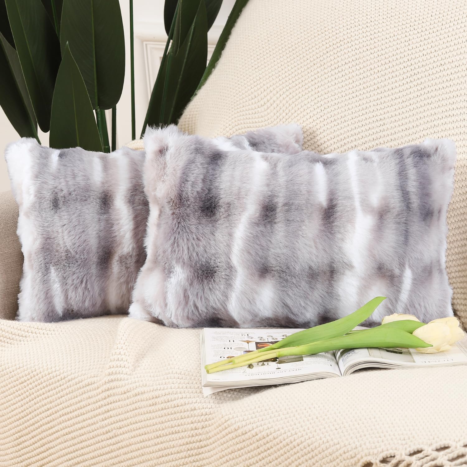 MADIZZ Pack of 2 Thick Plush Wool Throw Pillow Covers 18x18 Inch White Taupe Soft Neutral Decorative Throw Pillows Accent Boho Cushion Covers for Couch Sofa Bedroom Pillow Shell