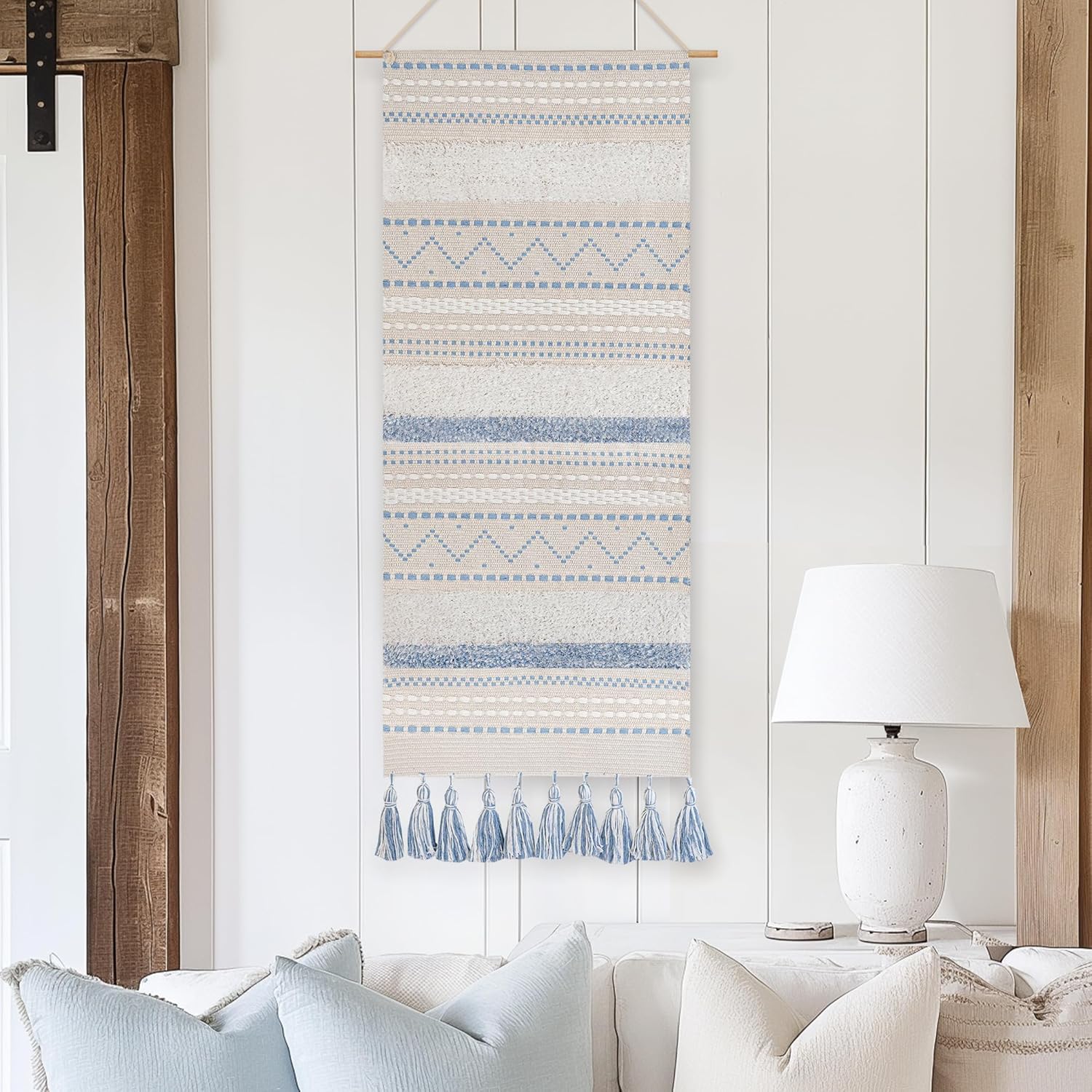BlissBlush Long Vertical Wall Hanging Tapestry Woven Boho Farmhouse Decor Cream Beige Tassel Handmade Wall Art Decoration for Bedroom Living Room Dorm Nursery Apartment, 16x39 INCH