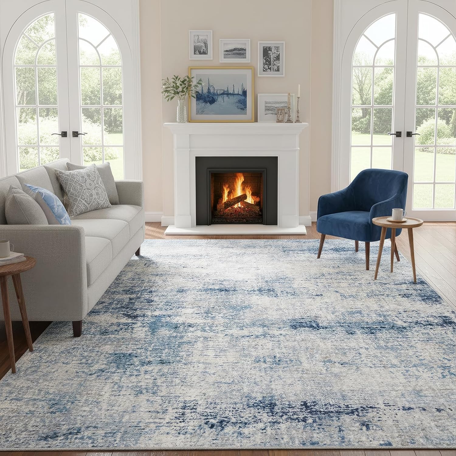 8x10 Area Rug Living Room Rugs - Washable Rug Large Modern Abstract Soft Thin Carpets Indoor Floor No Slip Vintage Carpet for Bedroom Under Dining Table Nursery Home Office Decor Blue