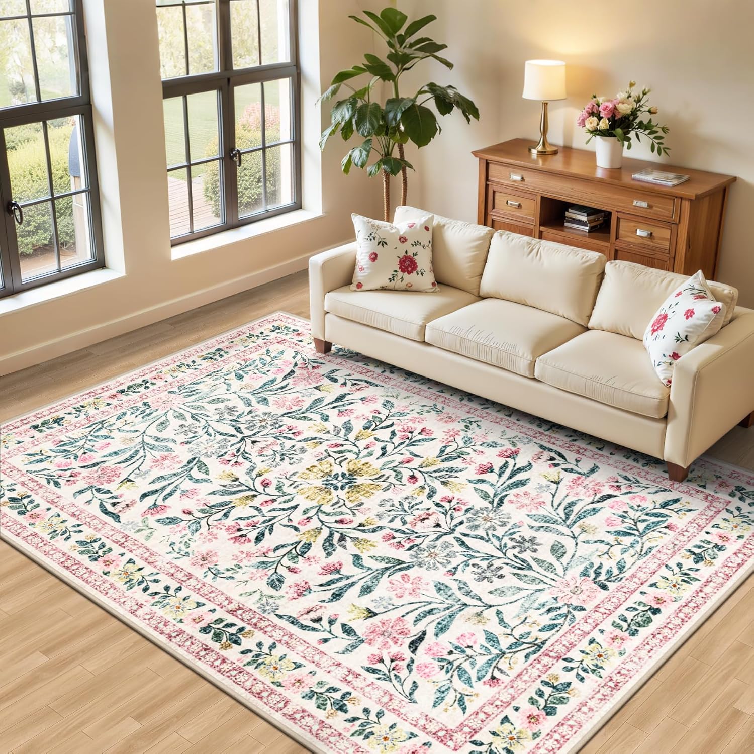 8x10 Area Rugs for Living Room: Floral Washable Rug Vintage Large Soft Boho Non-Slip Carpet Indoor Floor Stain Resistant Carpets for Bedroom Dining Room Farmhouse Nursery Home Office Dark Green