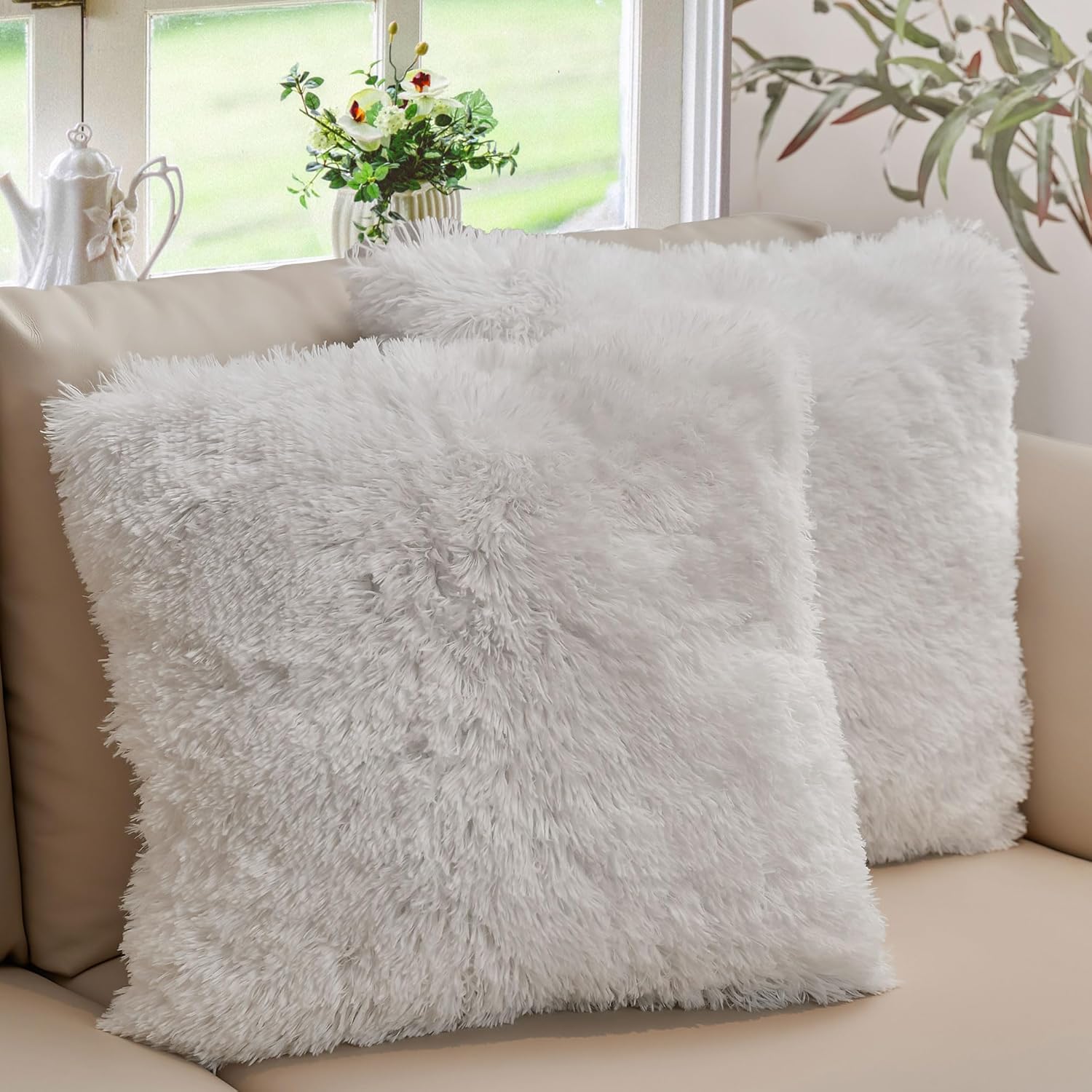 Cheer Collection Throw Pillows for Couch and Bed, Soft Shaggy Throw Pillows with Inserts Included, Cozy Long Hair Faux Fur Pillows - Set of 2-18" x 18" - Gray