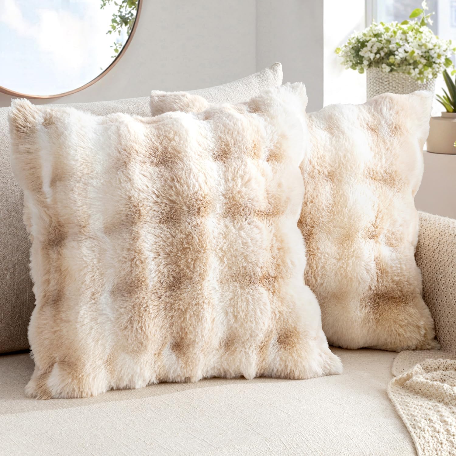 MIULEE Faux Fur Pillow Covers Thick Soft Plush Throw Pillows Luxury Spring Home Decor for Couch Bed Bedroom Living Room Sofa,20x20 Inch Pack of 2 Khaki