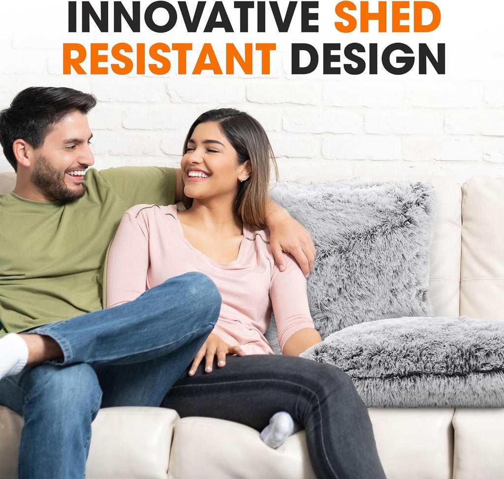 Cheer Collection Throw Pillows for Couch and Bed, Soft Shaggy Throw Pillows with Inserts Included, Cozy Long Hair Faux Fur Pillows - Set of 2-18" x 18" - Gray