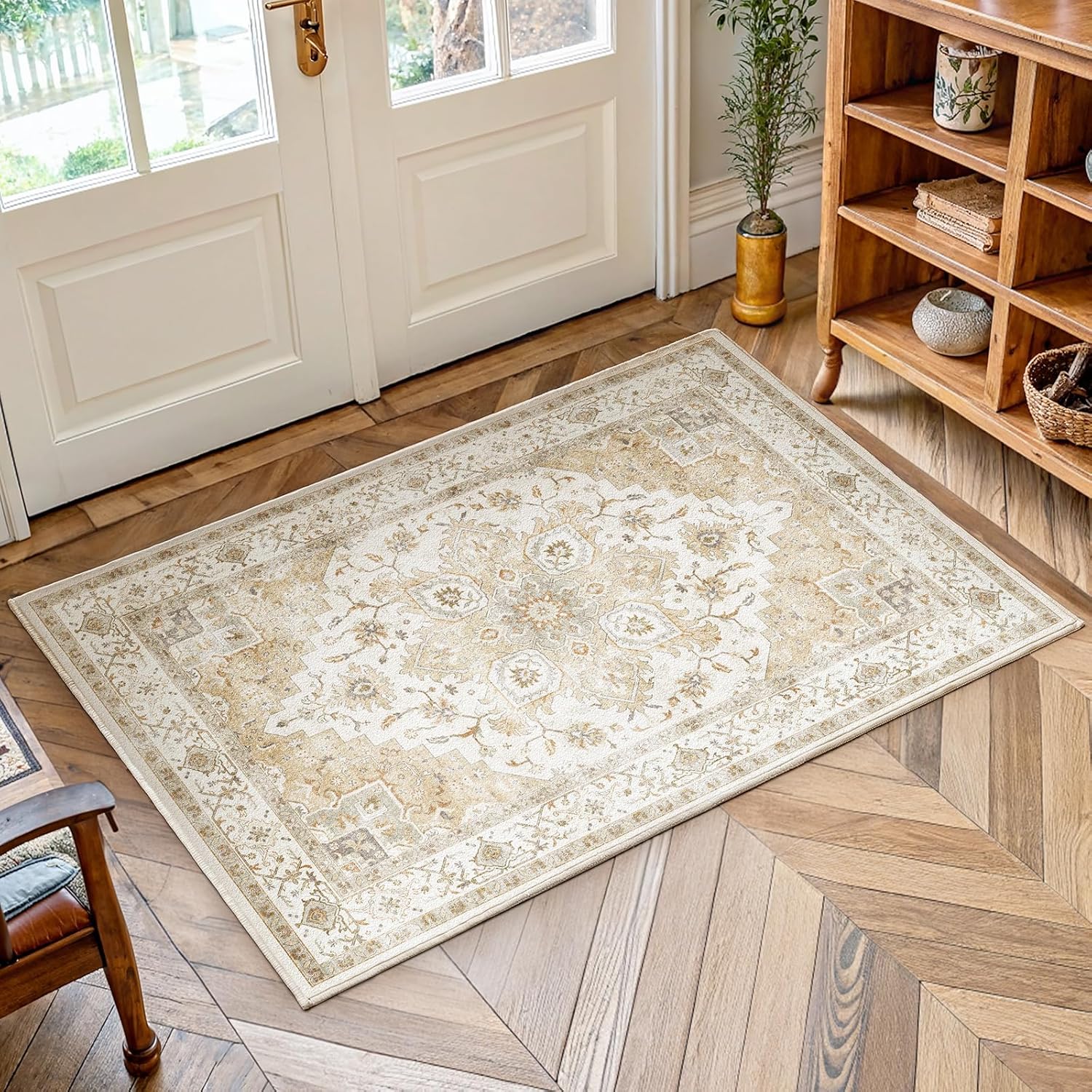 AMADA HOMEFURNISHING 8x10 Washable Area Rug, Low-Profile Large Area Rug with Non-Slip Backing & Durable Edge Binding, Vintage Large Rugs for Living Room, Bedroom, Dining Room