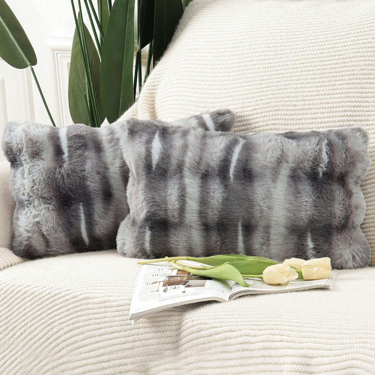 MADIZZ Pack of 2 Thick Plush Wool Throw Pillow Covers 18x18 Inch White Taupe Soft Neutral Decorative Throw Pillows Accent Boho Cushion Covers for Couch Sofa Bedroom Pillow Shell