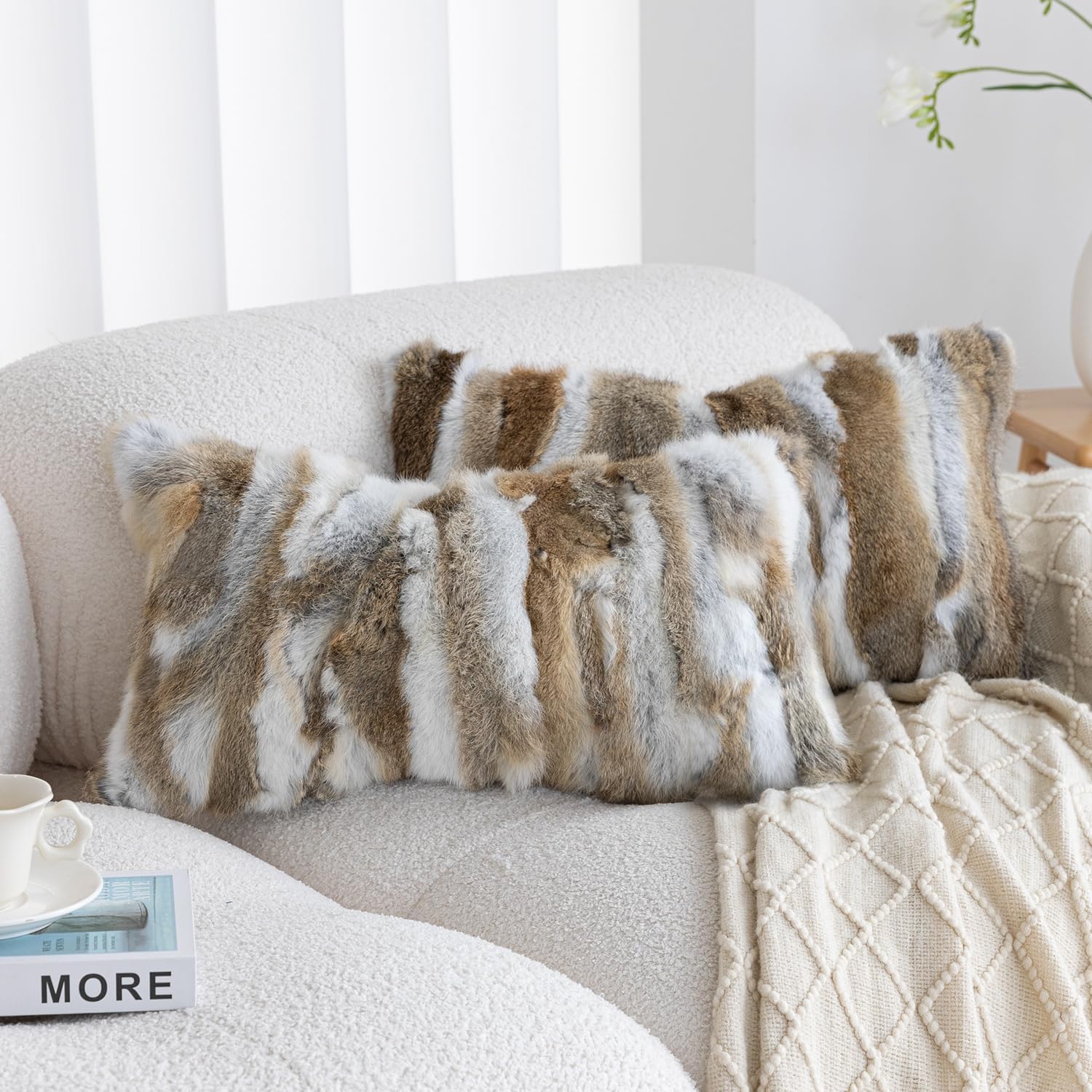 Genuine Rabbit Fur Throw Pillow Covers Set of 2, Luxury Decorative Pillowcases Soft Fluffy Animal Skin Accents Square Cushion Cover for Couch Sofa Bedroom Living Room Home,18x18 inch, Yellow White