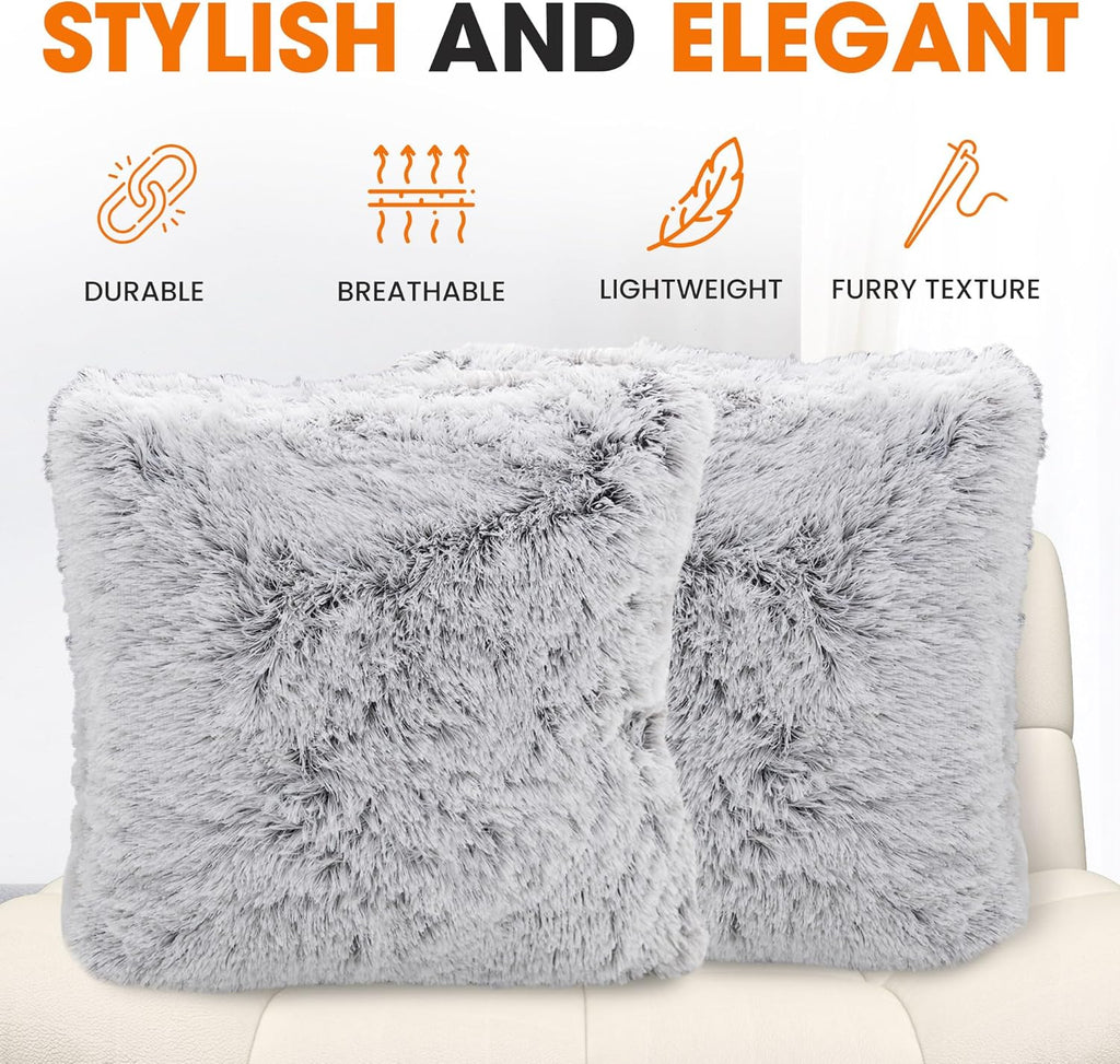 Cheer Collection Throw Pillows for Couch and Bed, Soft Shaggy Throw Pillows with Inserts Included, Cozy Long Hair Faux Fur Pillows - Set of 2-18" x 18" - Gray