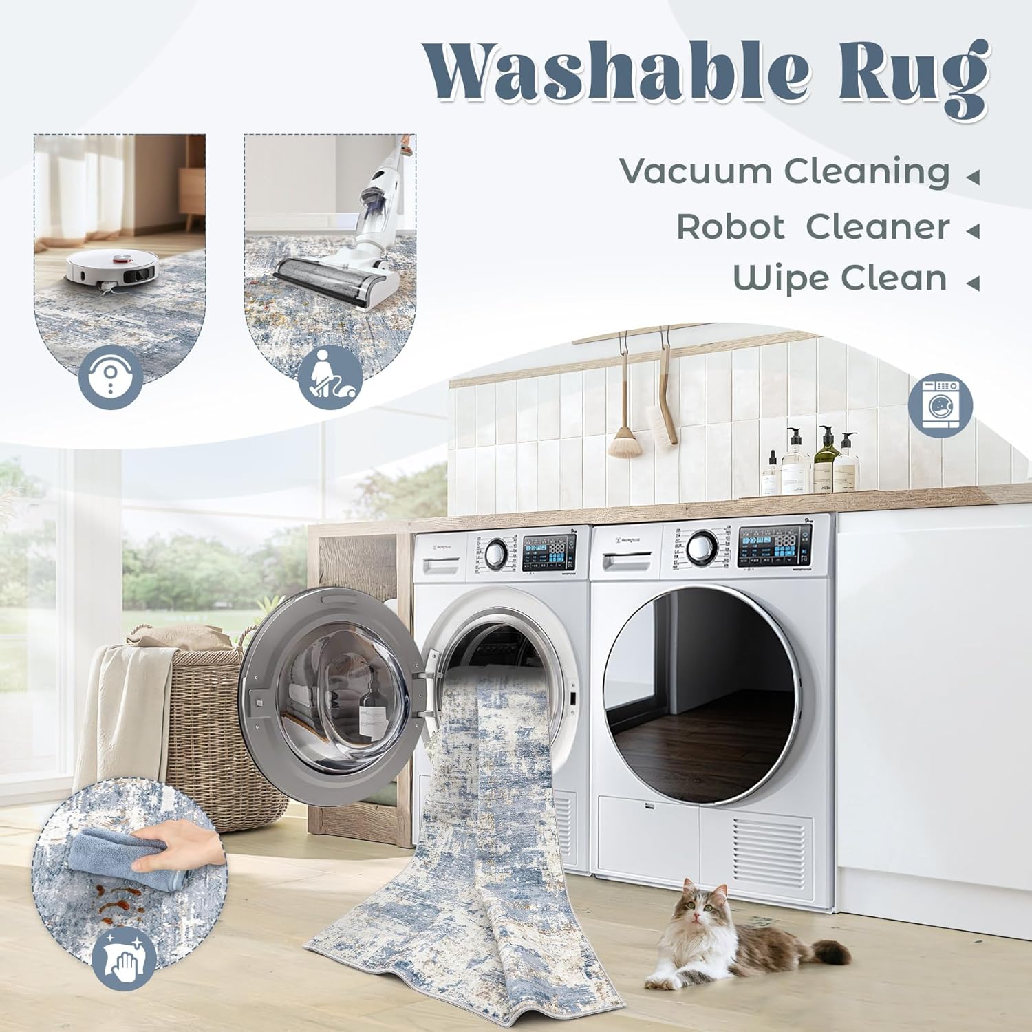 8x10 Area Rugs for Living Room, Washable Modern Abstract Large Area Rug Neutral Soft Non Slip Kids Rug Stain Resistant Indoor Carpet for Bedroom Nursery Dining Room Playroom Home Office(Blue, 8'x10')