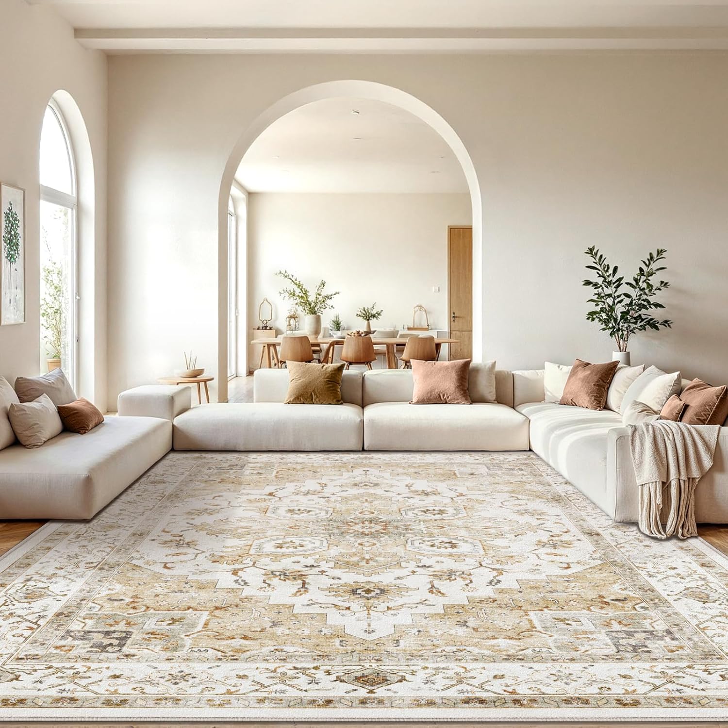 AMADA HOMEFURNISHING 8x10 Washable Area Rug, Low-Profile Large Area Rug with Non-Slip Backing & Durable Edge Binding, Vintage Large Rugs for Living Room, Bedroom, Dining Room