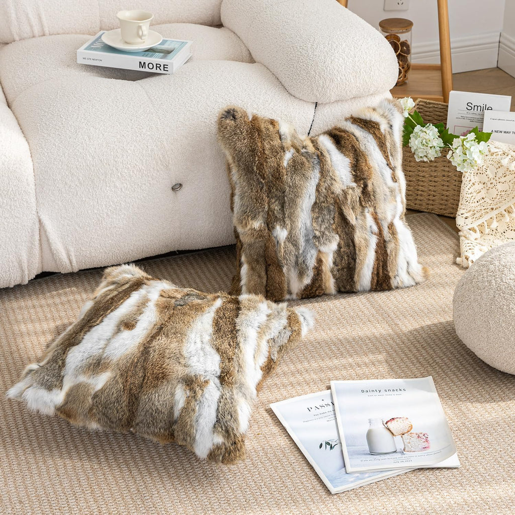 Genuine Rabbit Fur Throw Pillow Covers Set of 2, Luxury Decorative Pillowcases Soft Fluffy Animal Skin Accents Square Cushion Cover for Couch Sofa Bedroom Living Room Home,18x18 inch, Yellow White