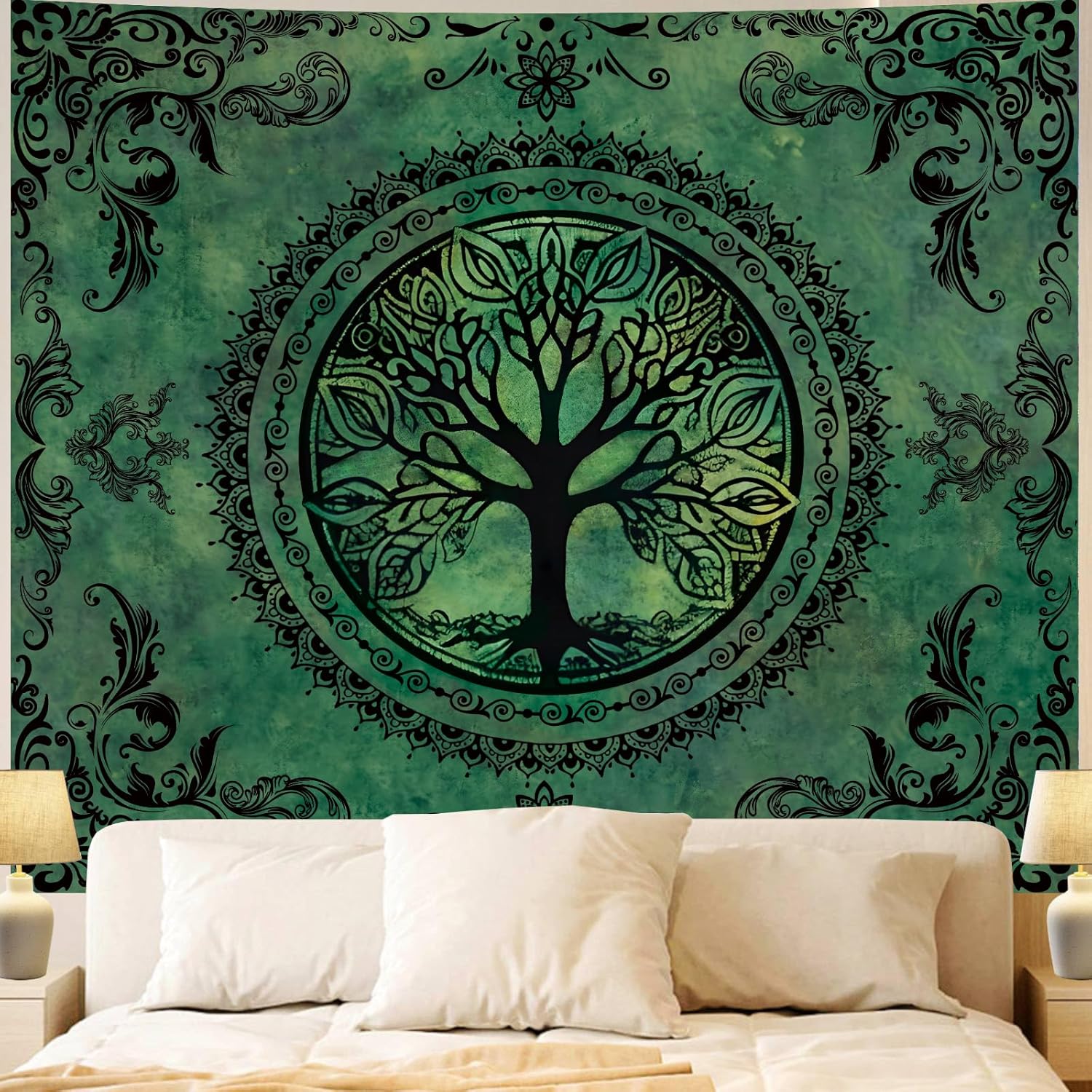 Extra Large Green Nature Tapestry for Bedroom Aesthetic, Big Hippie Ceiling Tree of Life Decor Tapestries Wall Hanging, Oversized Boho Bohemian Mandala Art Backdrop for Dorm Living Room (71"X90")