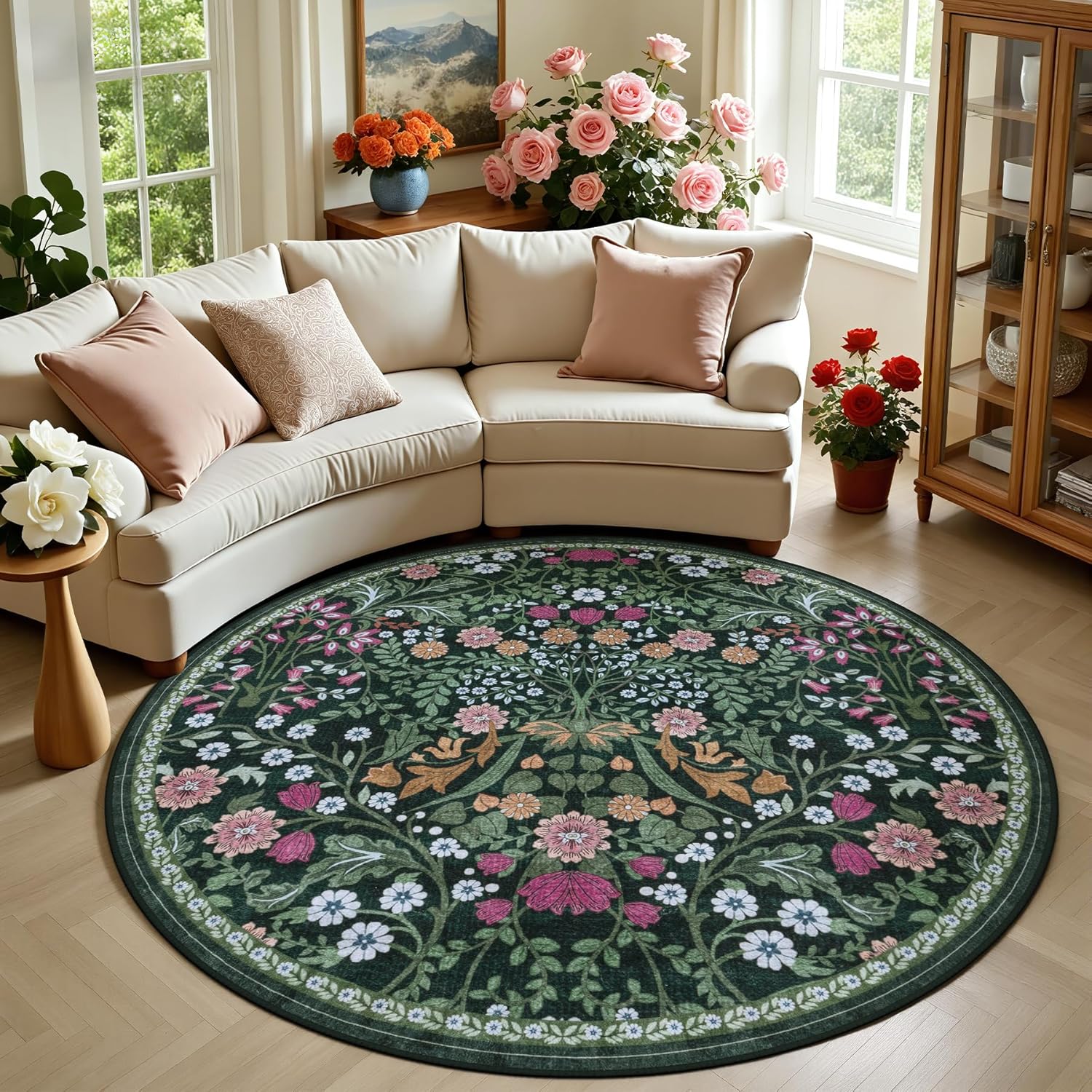 8x10 Area Rugs for Living Room: Floral Washable Rug Vintage Large Soft Boho Non-Slip Carpet Indoor Floor Stain Resistant Carpets for Bedroom Dining Room Farmhouse Nursery Home Office Dark Green