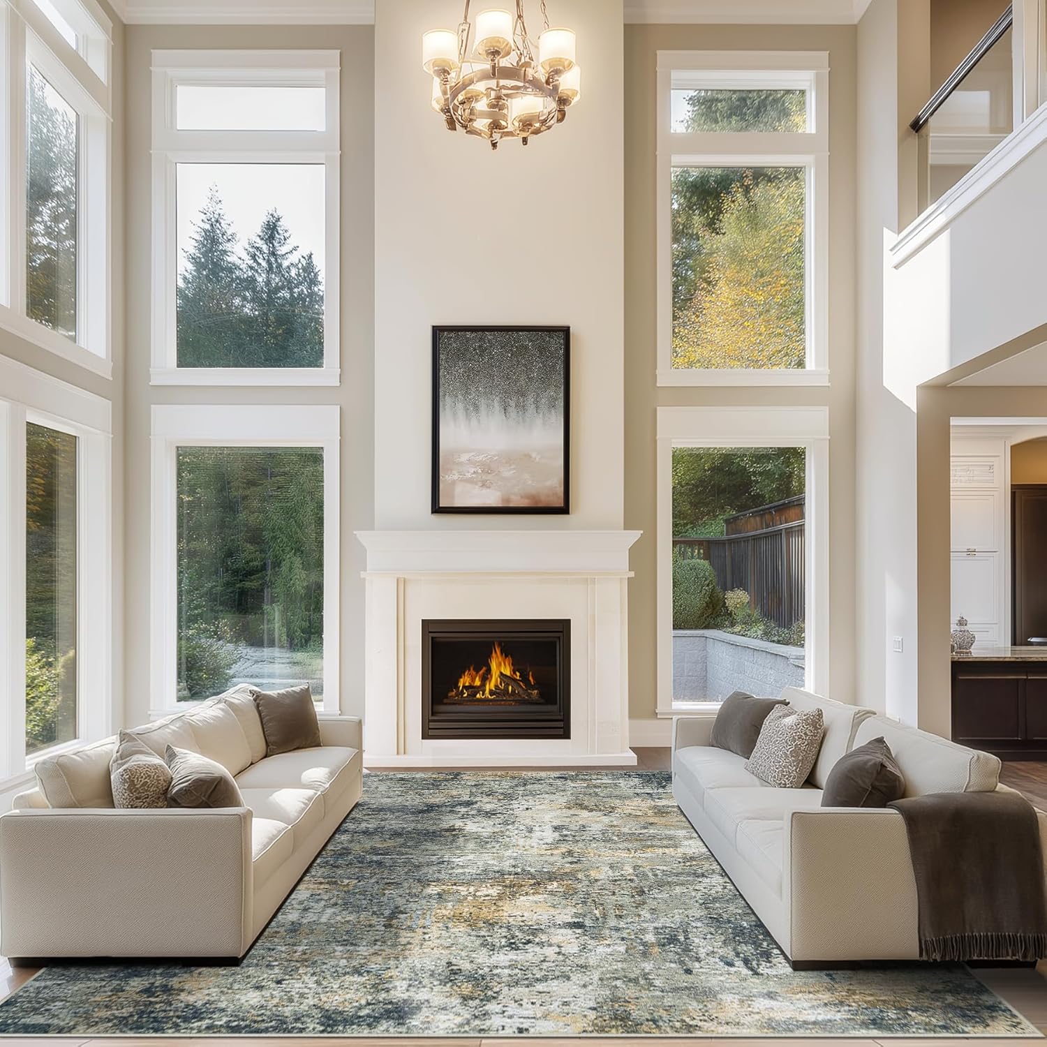 8x10 Area Rugs for Living Room Rug Washable: Abstract Large Rug for Dining Room Bedroom Carpet Non Slip 8 by 10 Indoor Modern Nursery Home Office Blue Grey