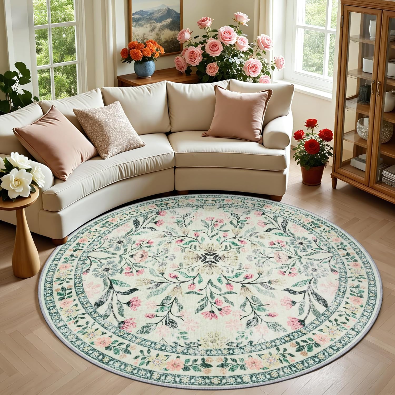 8x10 Area Rugs for Living Room: Floral Washable Rug Vintage Large Soft Boho Non-Slip Carpet Indoor Floor Stain Resistant Carpets for Bedroom Dining Room Farmhouse Nursery Home Office Dark Green