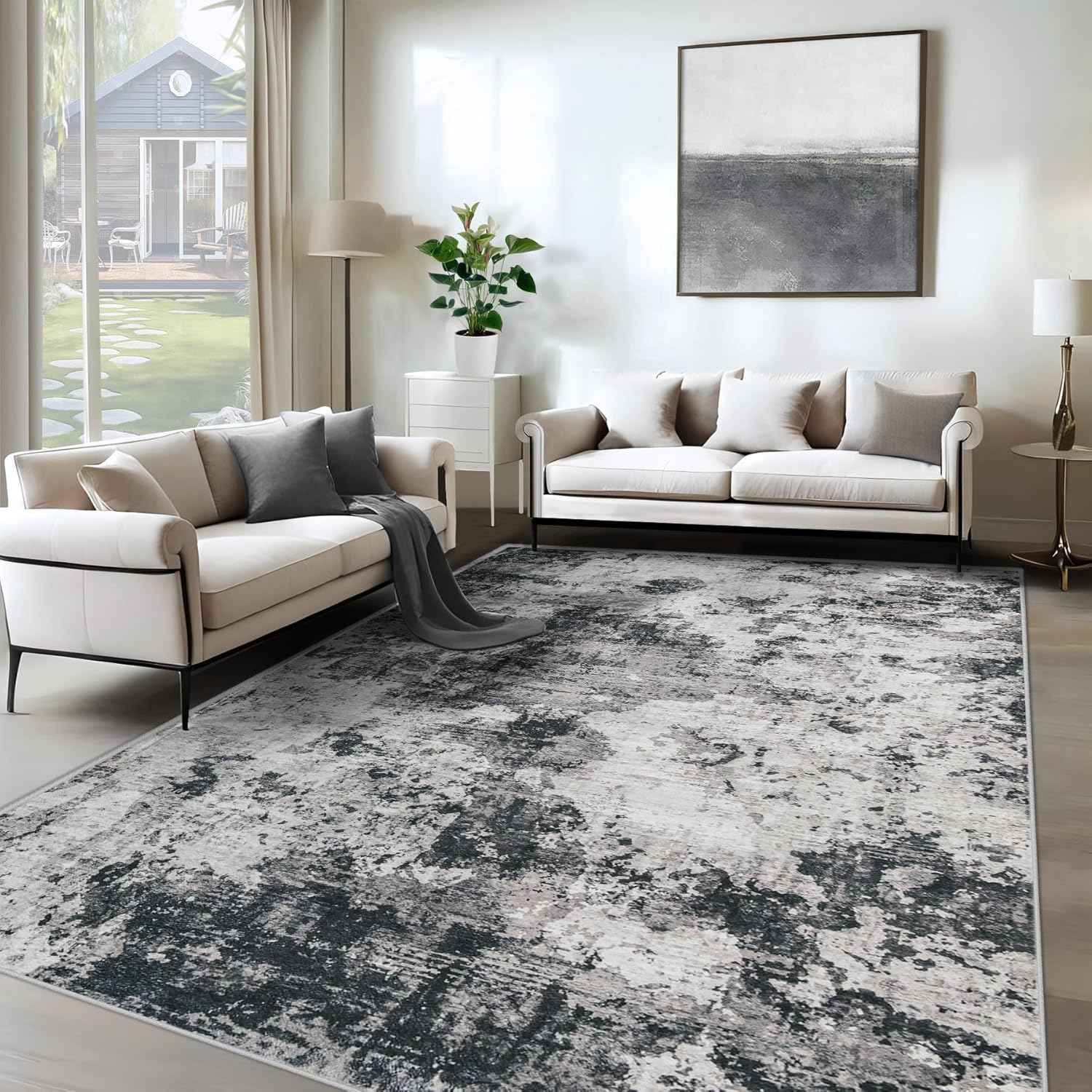 8x10 Area Rugs for Living Room, Washable Modern Abstract Large Area Rug Neutral Soft Non Slip Kids Rug Stain Resistant Indoor Carpet for Bedroom Nursery Dining Room Playroom Home Office(Blue, 8'x10')