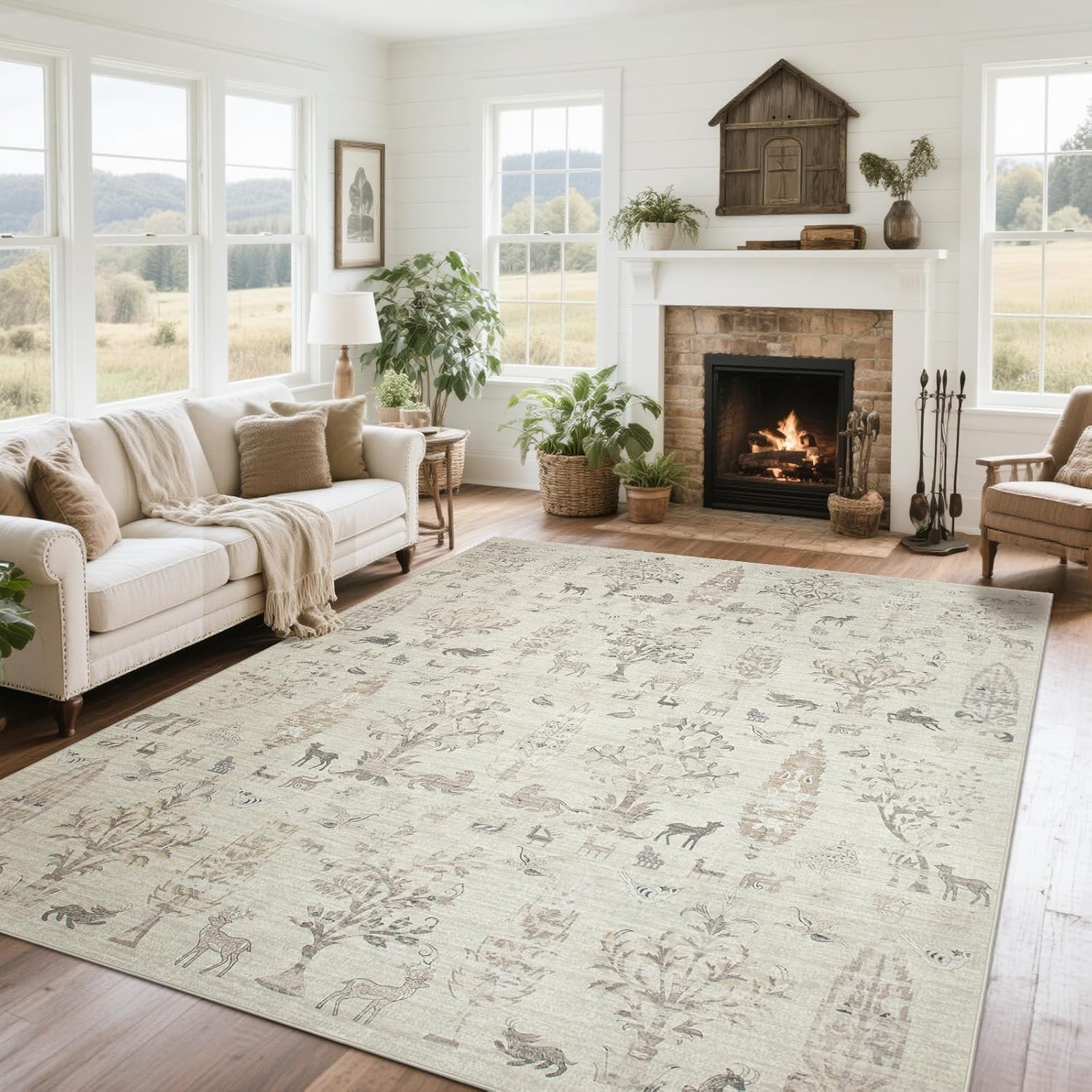 Washable Rugs 8x10 Area Rugs for Living Room,Ultra Soft Faux Wool Retro Rugs for Bedroom,Dining Room,Non Slip&Non-Shedding Low Pile Vintage Print Rug Indoor Large Carpets for Home Office Decor