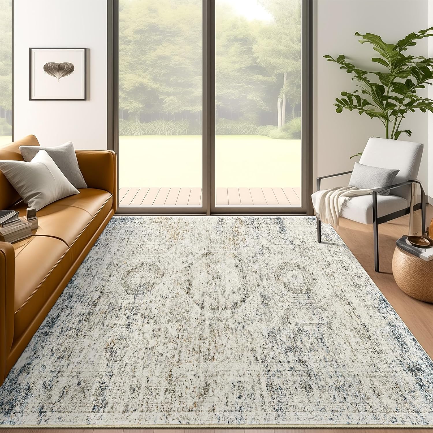 Washable Area Rug 8x10, Large Soft Rugs for Living Room Vintage Beige Carpet 8x10 Area Rugs for Bedroom Dining Room Non-Slip Stain Resistant Under Table Rug