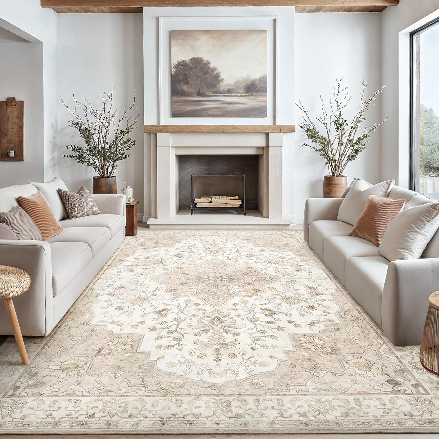 AMADA HOMEFURNISHING 8x10 Washable Area Rug, Low-Profile Large Area Rug with Non-Slip Backing & Durable Edge Binding, Vintage Large Rugs for Living Room, Bedroom, Dining Room