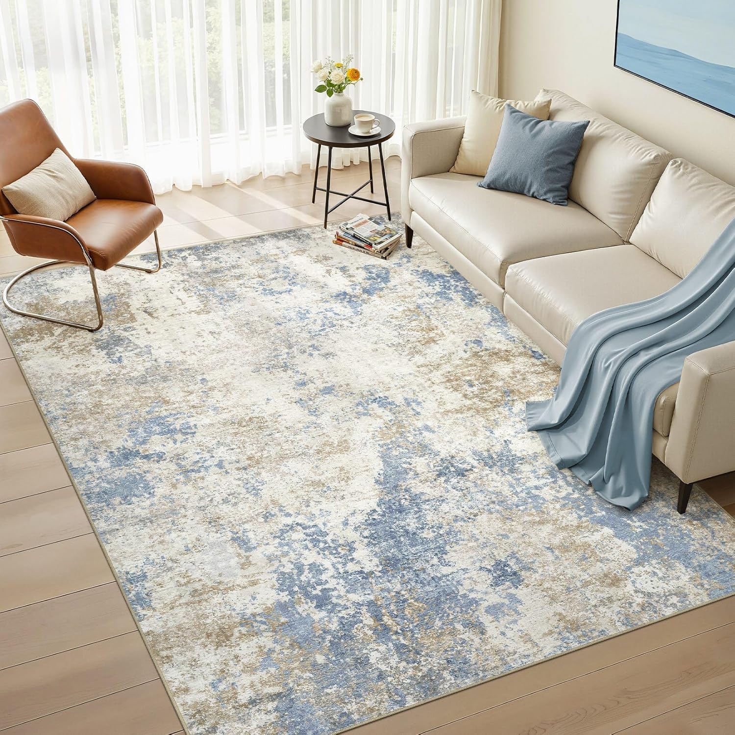 Nakagishi 8X10 Area Rugs for Living Room: Washable Modern Abstract Rug with Non-Slip Silicone Backing Low Pile Soft Carpet for Bedroom & Dining Decor Ideal for Families with Kids and Pets-Brown