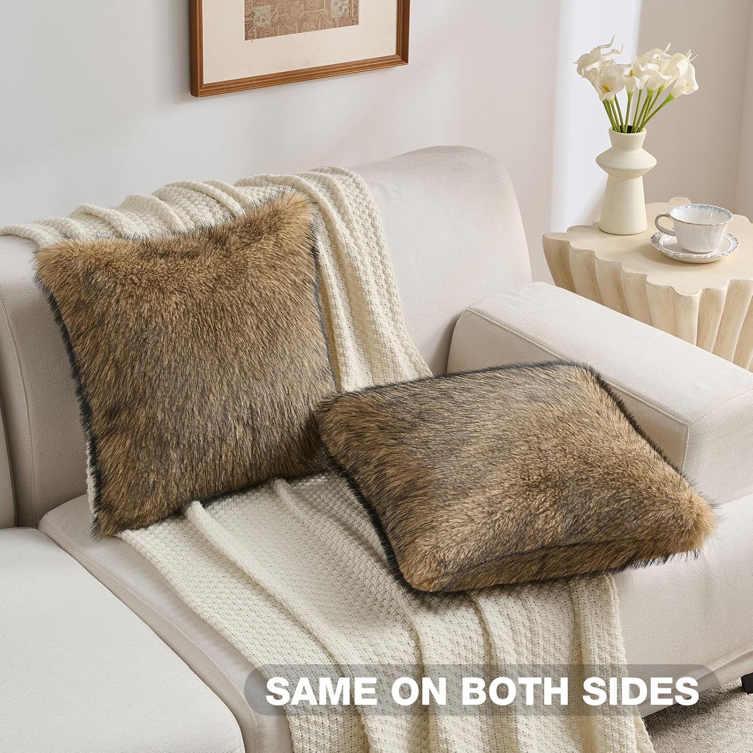 FUTEI Tawny Decorative Throw Pillow Covers 18x18 Inch Set of 2,Soft Faux Raccoon Fur Textured Cushion Case,Modern Home Luxurious Decor for Couch Bed Living Room