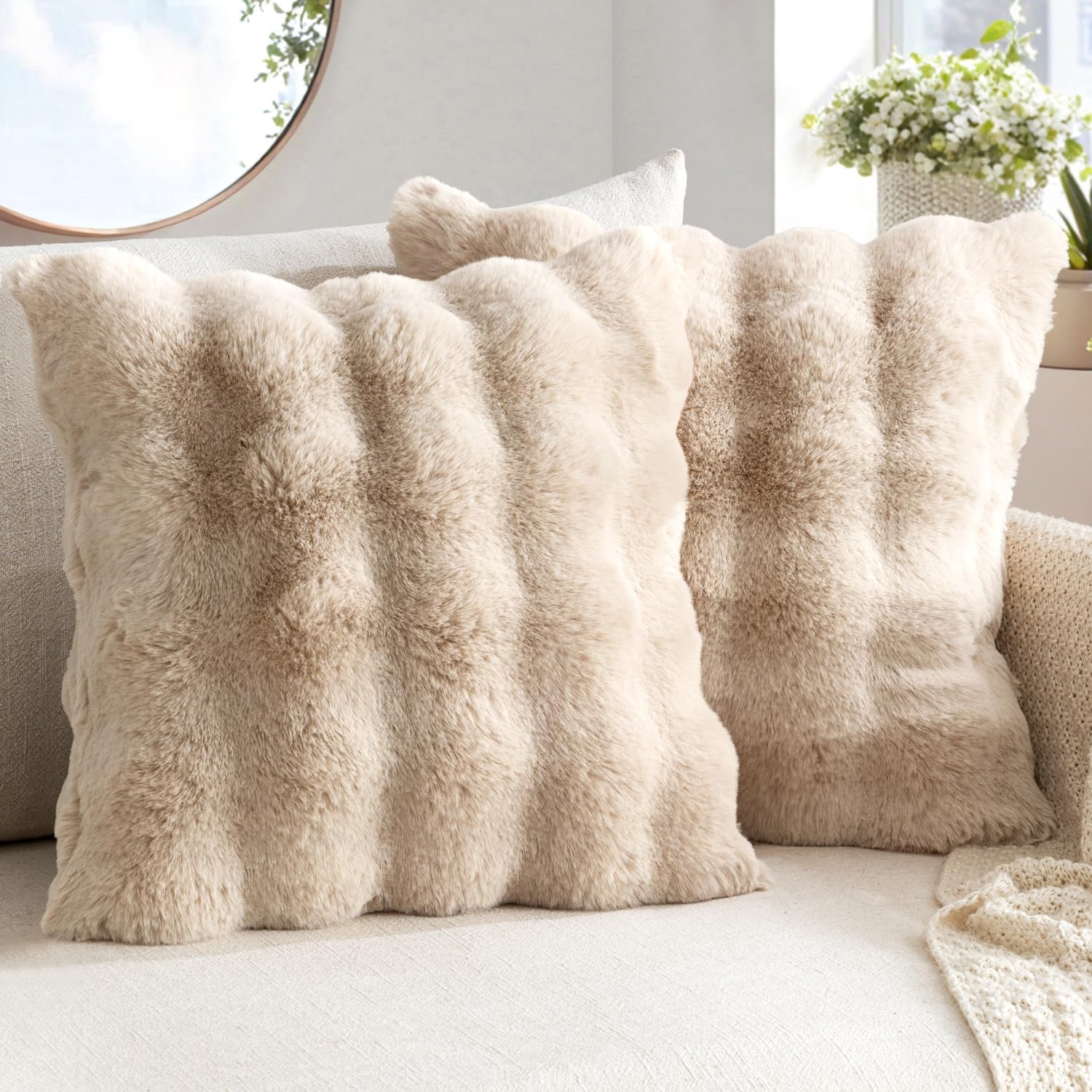 MIULEE Faux Fur Pillow Covers Thick Soft Plush Throw Pillows Luxury Spring Home Decor for Couch Bed Bedroom Living Room Sofa,20x20 Inch Pack of 2 Khaki