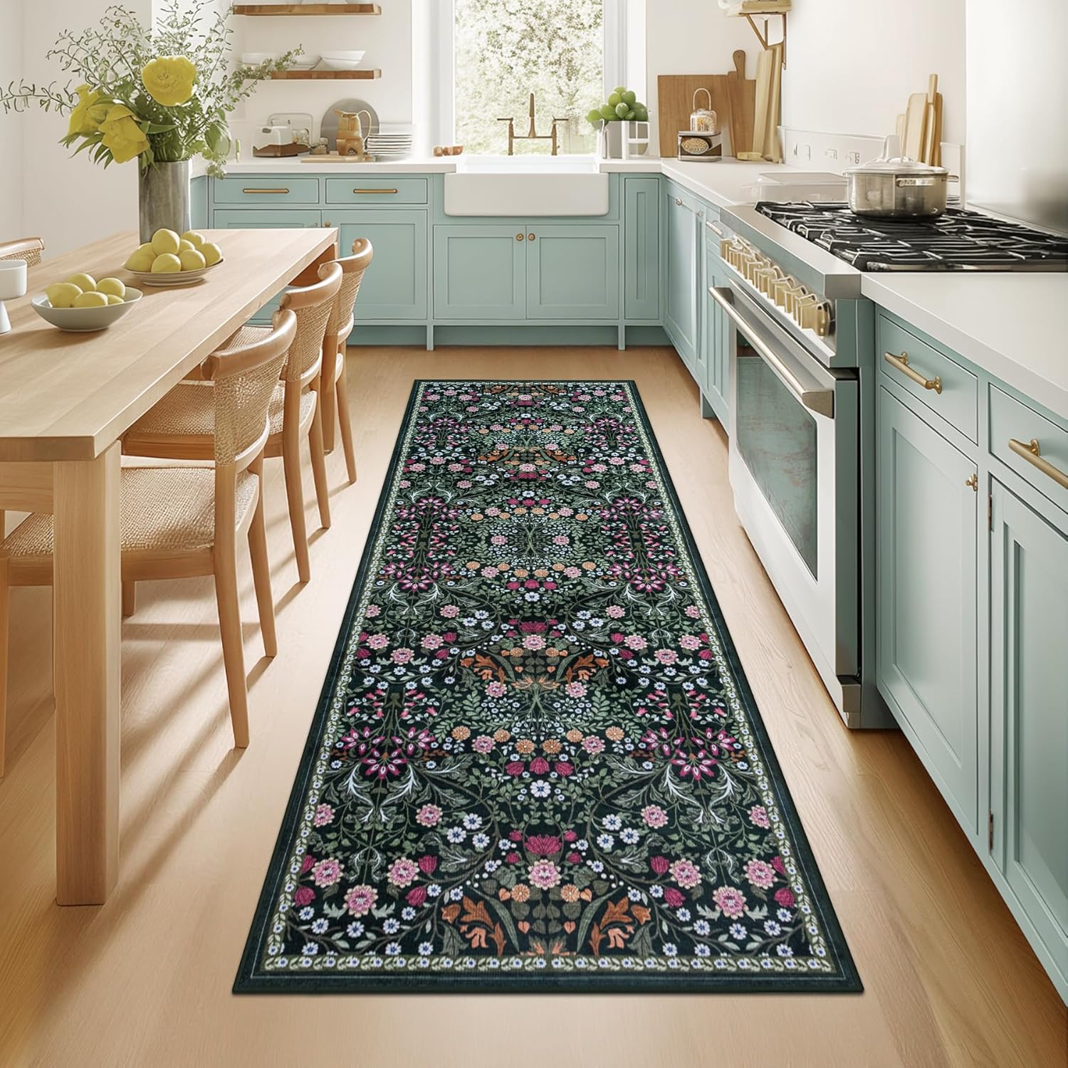 8x10 Area Rugs for Living Room: Floral Washable Rug Vintage Large Soft Boho Non-Slip Carpet Indoor Floor Stain Resistant Carpets for Bedroom Dining Room Farmhouse Nursery Home Office Dark Green