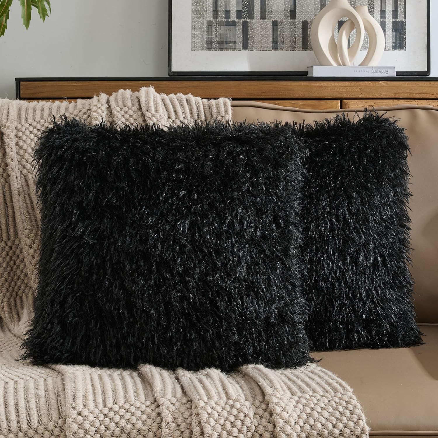 FUTEI Dark Coffee Decorative Throw Pillow Covers 18x18 Inch Set of 2,Soft Faux Fine Wool Textured Cushion Case,Luxury Home Decor for Couch Bed Living Room